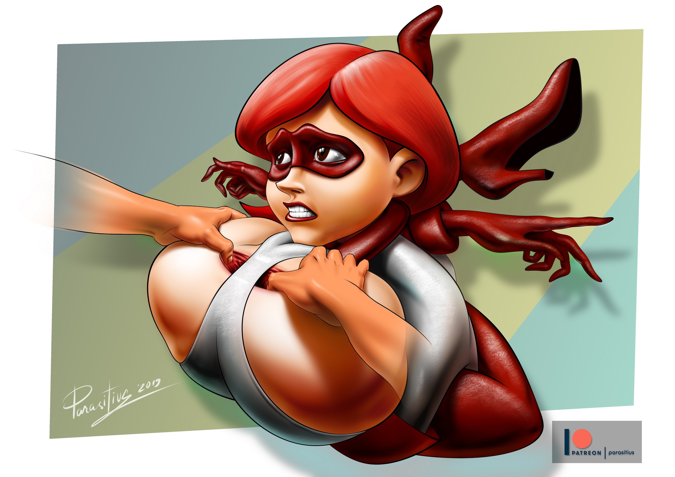 alternate costume, anal, anus, anus peek, ass, big ass, brown eyes, brown hair, bubble ass, bubble butt, clothed, contortion, covered pussy, disembodied hands, disney, domino mask, elastic, elastigirl, elastigirl (original supersuit), female, female focus, flexible, gaping anus, gaping pussy, gloves, heel boots, heels, helen parr, high heels, huge ass, huge butt, leotard, lipstick, mask, parasitius, pixar, pussy, questionable consent, red hair, red lipstick, restrained, short hair, smooth skin, spread pussy, stretched pussy, stretching, superheroine, tagme, the incredibles, thong over gape, thumb in ass, worried, worried expression