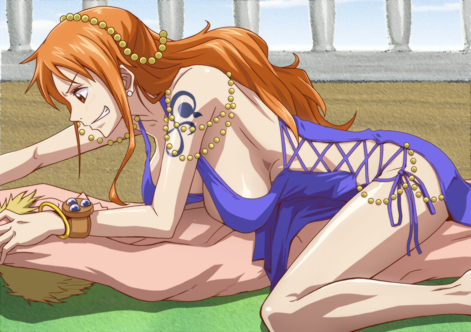 1boy, 1girls, arm tattoo, athletic, bare arms, bare legs, bare shoulders, blonde hair, blue tattoo, boat, bracelet, breasts, brown eyes, busty, calves, clothed female nude male, clothing, dress, earrings, female, female focus, female on top, femdom, hourglass figure, jewelry, kyabakurabakufu, log pose, long hair, male, nami (one piece), nami (one piece) (zou), one piece, one piece: zou arc, orange hair, orange-haired female, post-timeskip, purple dress, red hair, sagging breasts, short hair, sideboob, skimpy, skimpy clothes, skimpy dress, tattoo, underboob, wide hips