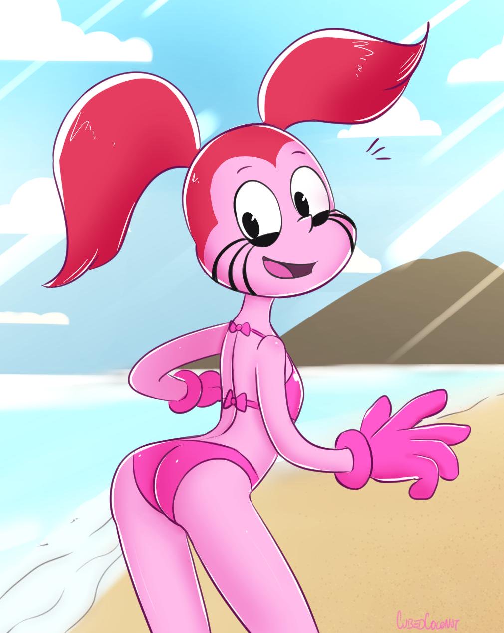 :d, 1girls, ass, bathing suit, beach, bikini, black eyes, cubedcoconut, day, female, female only, gloves, leaning to the side, looking back, outside, pink hair, pink skin, solo, spinel (steven universe), steven universe, swimsuit, twintails