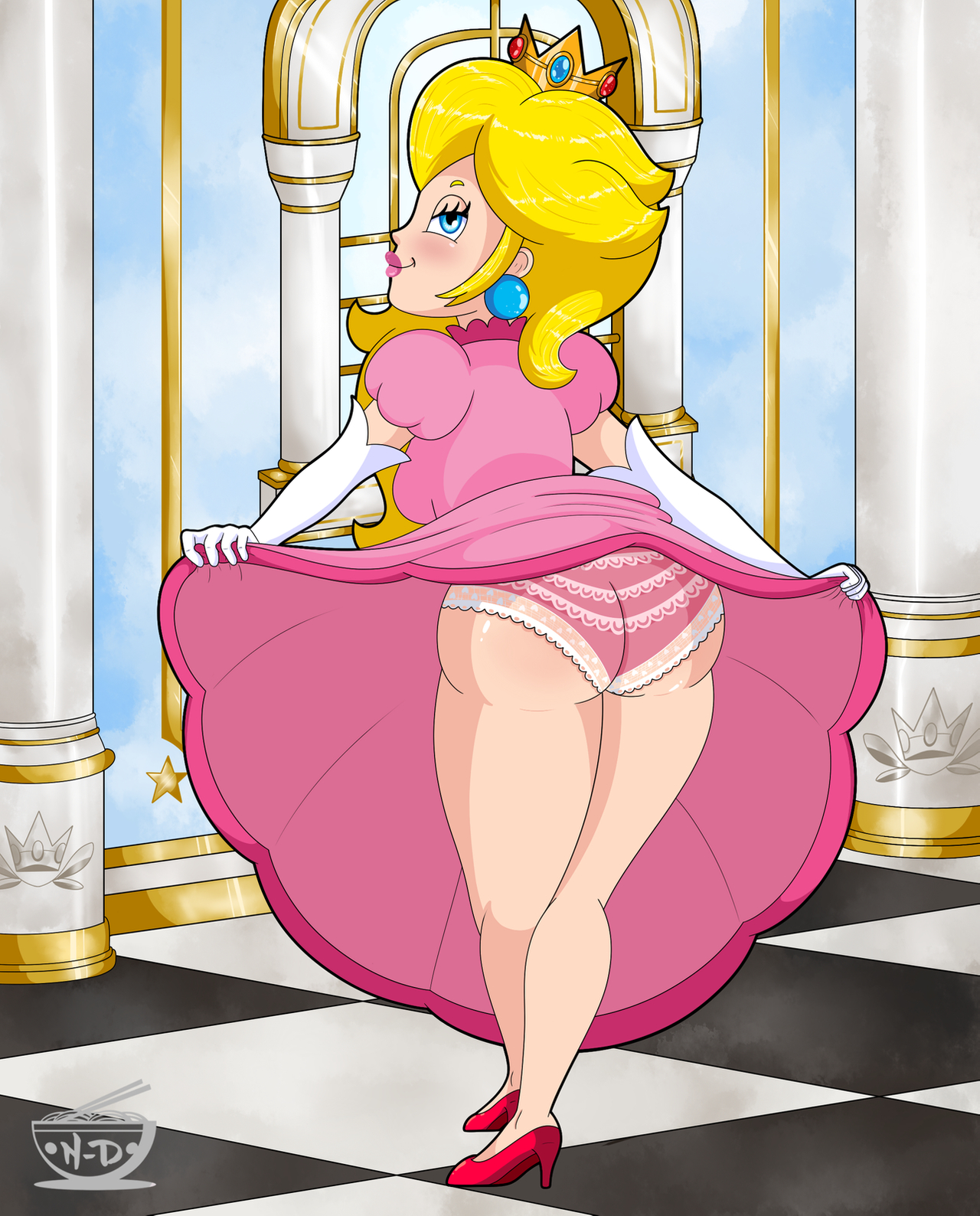 1girls, ass, back view, blonde hair, blue eyes, breasts, clothing, dress, female, female only, full body, heels, high heels, indoors, looking at viewer, looking back, mario (series), nintendo, noodle-doodlez, panties, pink dress, pink panties, princess peach, skirt lift, smile, solo, standing, striped panties, super mario bros., underwear