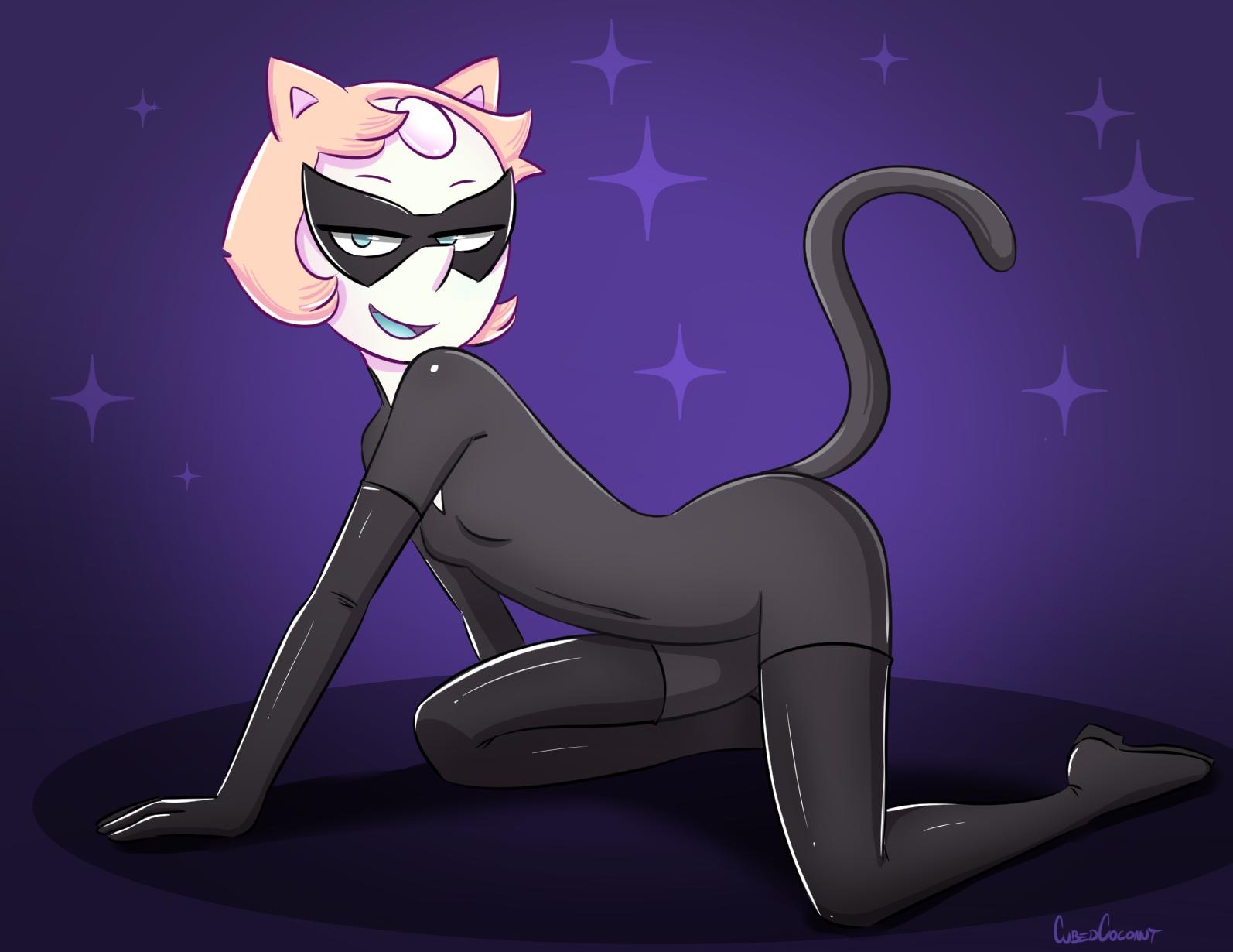 1girls, alternate species, blue eyes, bodysuit, cat ears, cat tail, catsuit, cubedcoconut, eyewear, female, female only, gem, latex, latex gloves, latex suit, latex thighhighs, pearl (steven universe), pink hair, purple background, short hair, skin tight, skin tight suit, solo, steven universe, tail, white skin