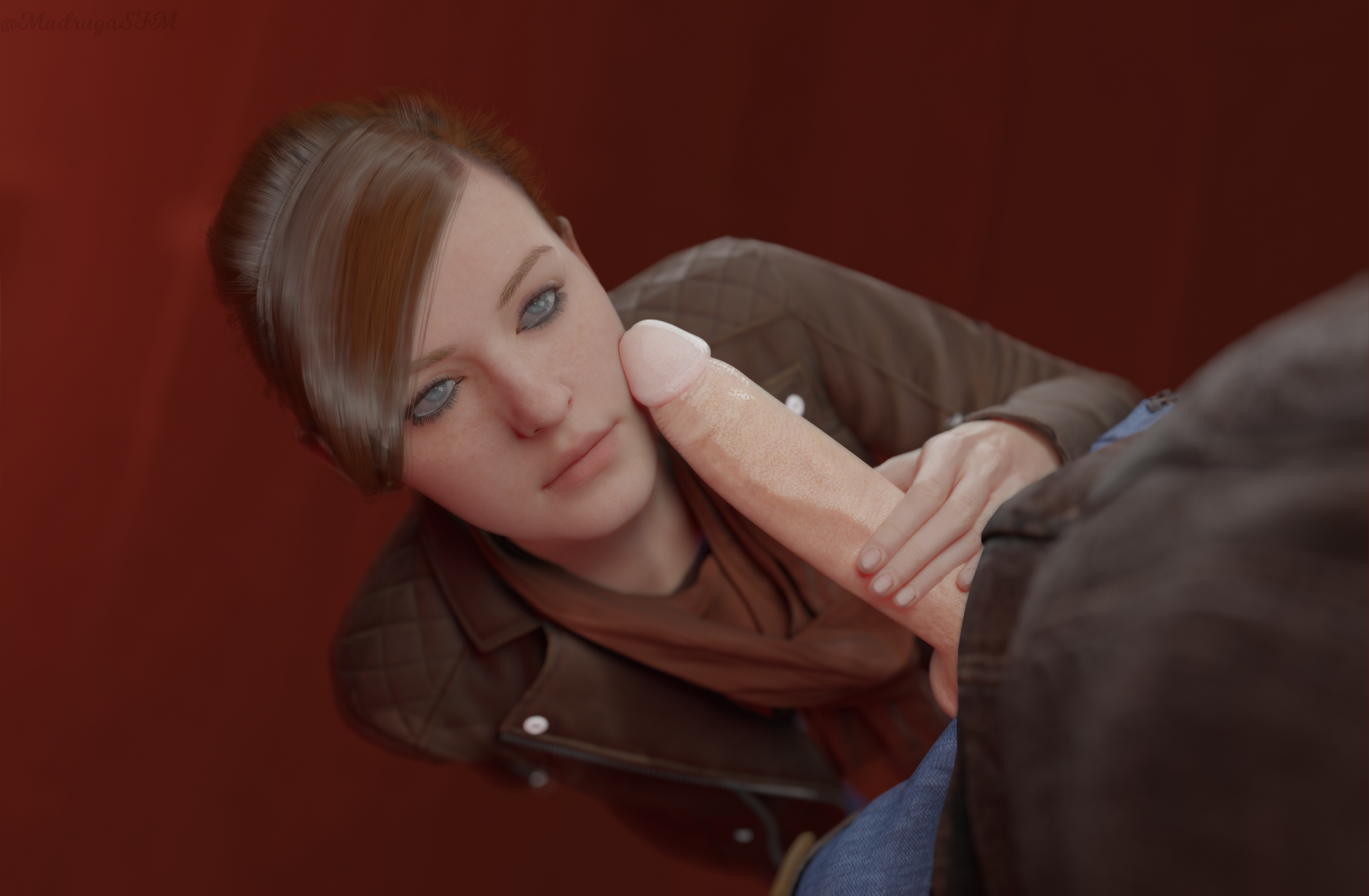 1boy, 1girls, 3d, big penis, blender, blue eyes, erection, eye contact, eyeshadow, female, freckles, ginger, hand on penis, huge cock, human, human only, imminent oral, kneeling, large penis, light skin, light-skinned female, light-skinned male, long penis, madrugasfm, male, marvel, marvel comics, mary jane watson, mary jane watson (insomniac), penis, penis on face, ponytail, red hair, spider-man (ps4), spider-man (series), straight, tied hair