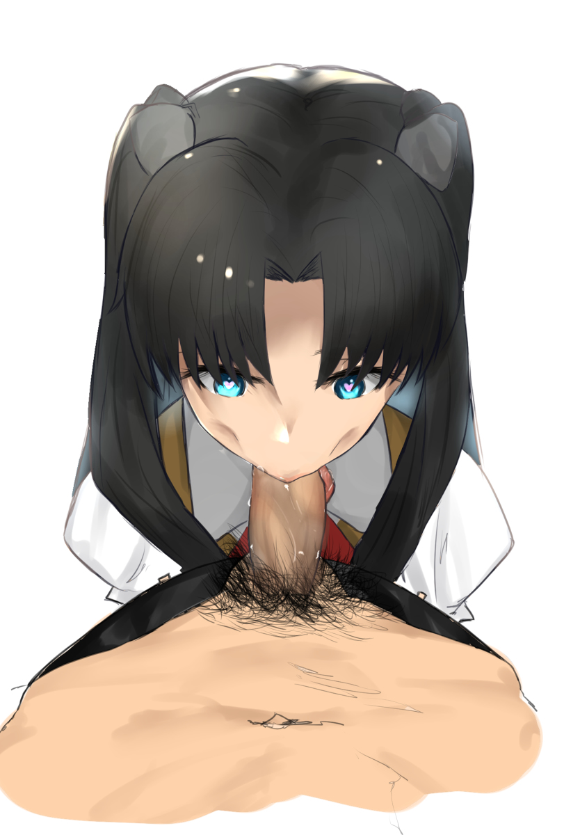 :>=, 1boy, 1girls, bangs, black hair, blowjob, blue eyes, brown hair, clothes, cute, dark blue hair, deepthroat mark, drooling, eyelashes, faceless male, fate (series), fate/stay night, fellatio, female, fringe, hair ornament, hair ribbon, hairy, hands-free, heart, heart-shaped pupils, human, konakuso (artist), licking, light skin, light-skinned female, long hair, looking at penis, male, male pov, oral, oral sex, pale skin, pale-skinned female, pants, penis, pov, pubic hair, saliva, saliva trail, school uniform, skirt, straight, teenager, thighhighs, tohsaka rin, tongue, tongue out, topless, twintails, type-moon, veins, veiny penis, white background, young