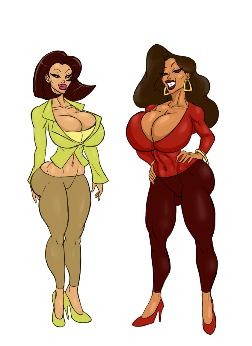 2girls, abs, big breasts, bimbo, bracelet, breasts, brown eyes, brown hair, cleavage, clothed, clothed female, clothes, clothing, curvaceous, curvy, dark skin, dark-skinned female, disney, ear piercing, earrings, female, female only, footwear, front view, hair, hand on hip, hands on hip, hands on hips, heels, high heels, hoop earrings, hourglass figure, human, human only, jewelry, latina, lipstick, long hair, looking at viewer, makeup, mature, mature female, midriff, milf, mother, multiple females, multiple girls, navel, pants, piercing, pink lips, pink lipstick, red lips, red lipstick, redbone, shiny, shiny skin, short hair, smiling, spread legs, standing, sun1sol, sunset boulevardez, the proud family, thick thighs, thin waist, thong, tight clothing, trudy proud, uncensored, white background, wide hips