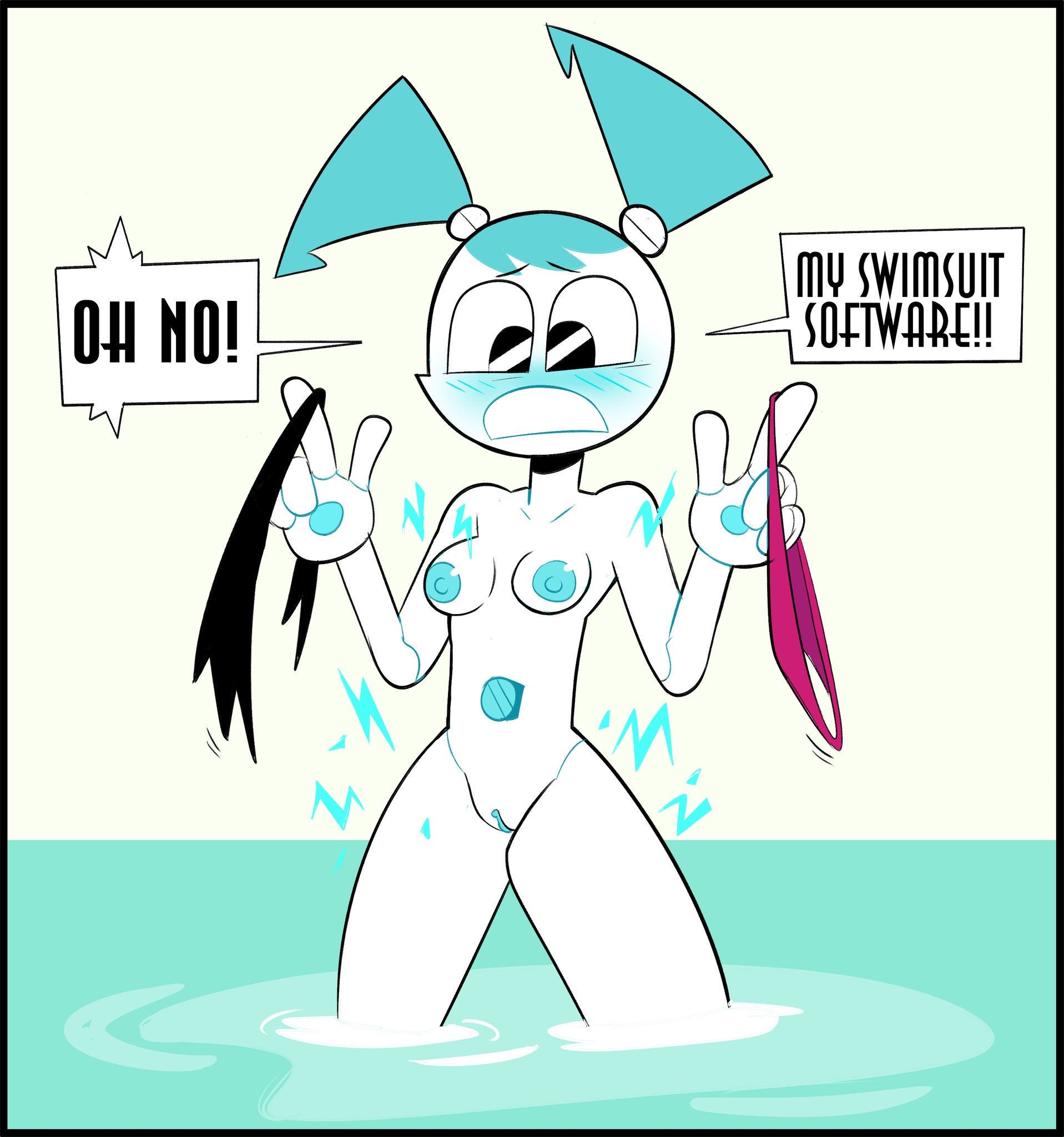 1girls, 2d, accidental exposure, ass, blush, breasts, electricity, embarrassed, embarrassed nude female, enf, female, female focus, female only, herny, in water, jenny wakeman, monster girl, my life as a teenage robot, naked, nickelodeon, nipples, nude, public, public nudity, pussy, robot, robot girl, smooth skin, wardrobe malfunction, xj-9