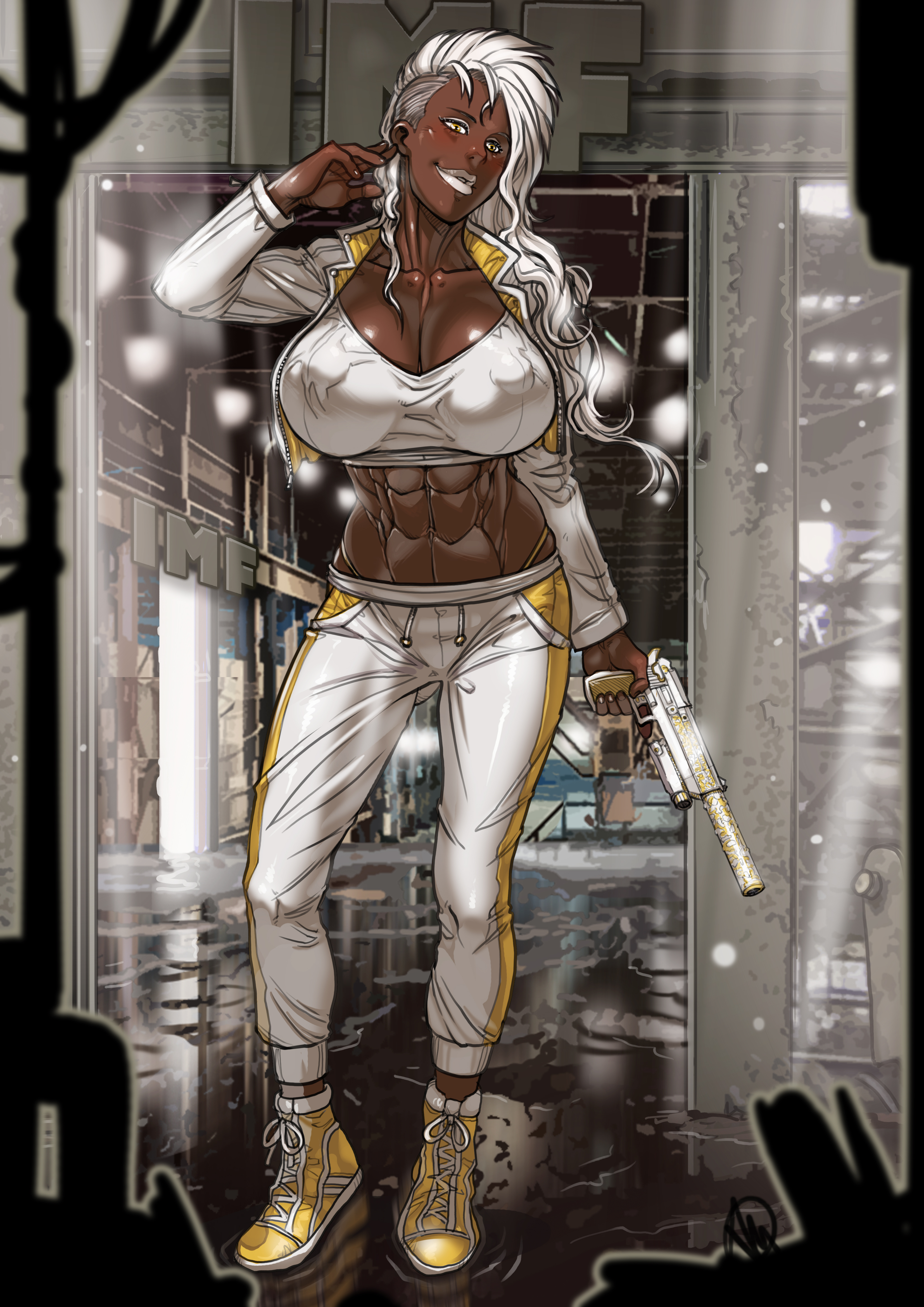 1girls, abs, absurd res, big breasts, breasts, cleavage, dark skin, dark-skinned female, eye contact, female, female only, full body, ganassa, gun, highres, huge breasts, looking at viewer, mohawk, muscular, muscular female, pistol, solo, source request, text, thick thighs, weapon, white hair, wide hips