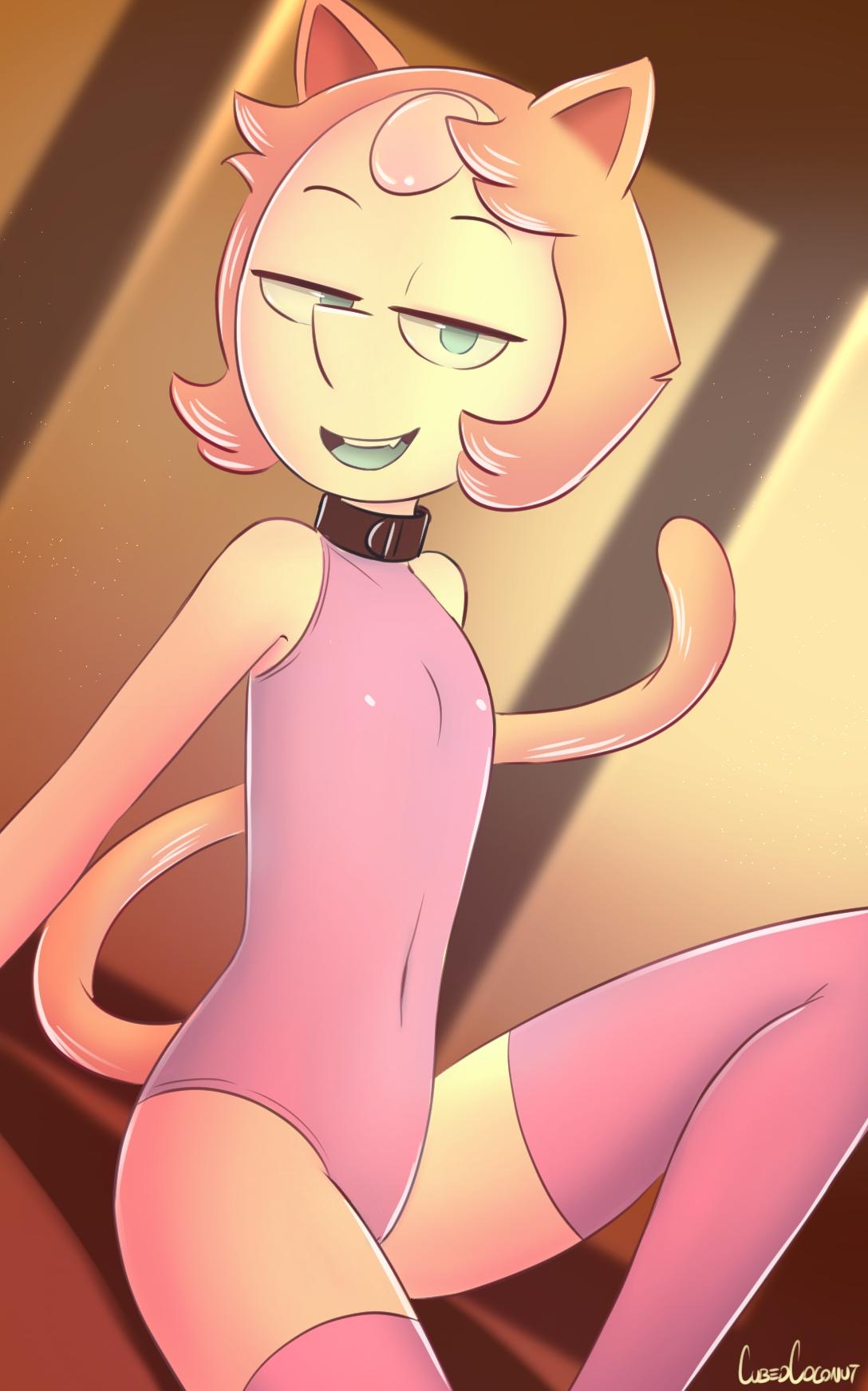 1girls, alternate species, animal ears, blue eyes, cat ears, cat tail, catsuit, collar, cubedcoconut, female, female only, gem, half-closed eyes, pearl (steven universe), pink hair, sharp teeth, skin tight, solo, steven universe, stockings, tail, thighhighs, white skin