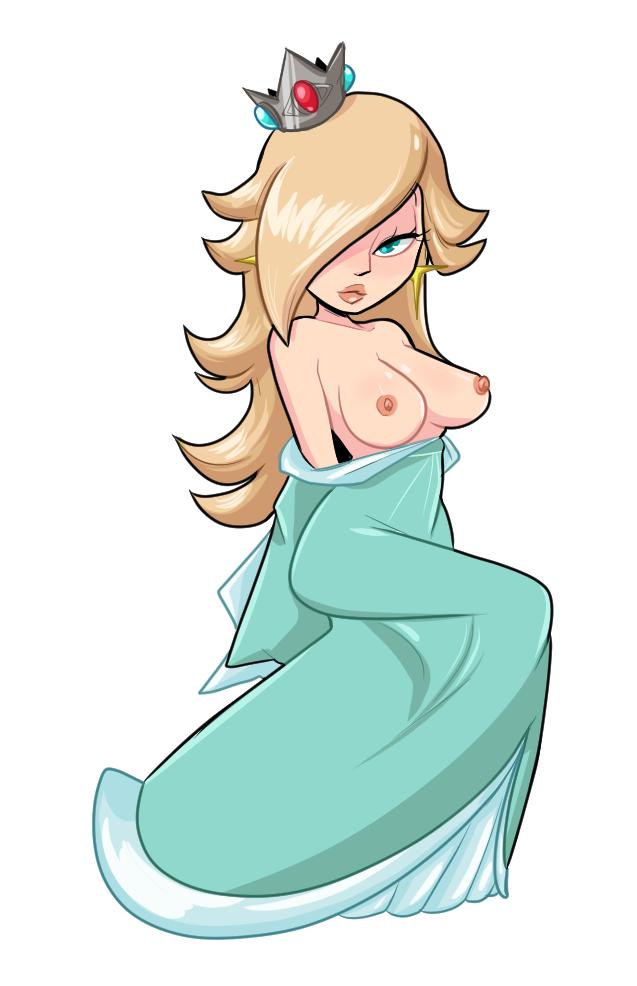 1girls, blonde hair, blue eyes, blushmallet, breasts, breasts out, crown, dress, earrings, exposed breasts, female, female only, hair over one eye, half dressed, half naked, half-closed eyes, jewelry, long hair, looking at viewer, mario (series), nintendo, nipples, princess rosalina, solo, super mario galaxy, topless, white background