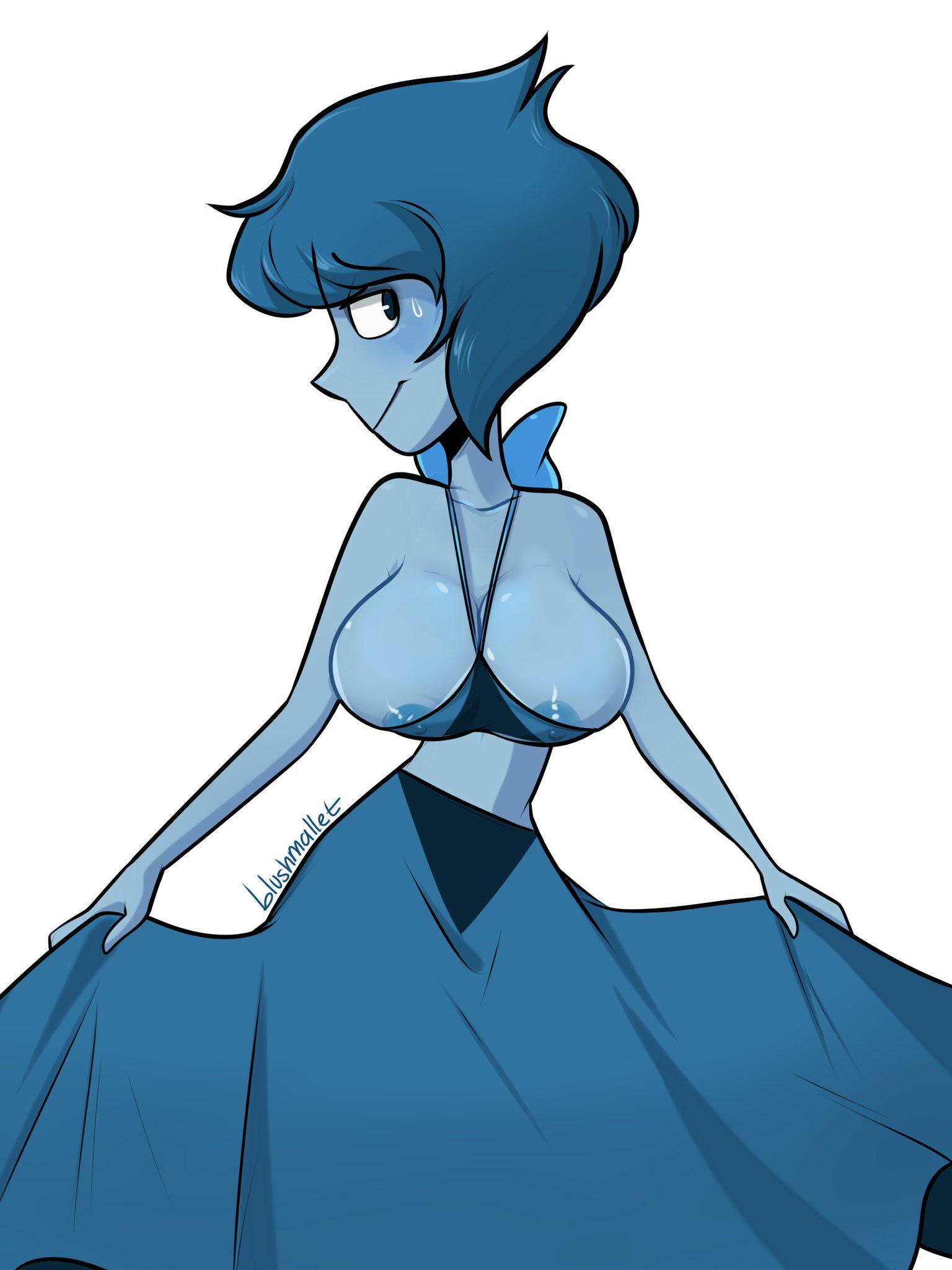 1girls, big breasts, blushmallet, breasts, breasts out, bursting breasts, cartoon network, dark nipples, female, female only, gem (species), huge breasts, lapis lazuli (steven universe), nipple slip, nipples, solo, steven universe