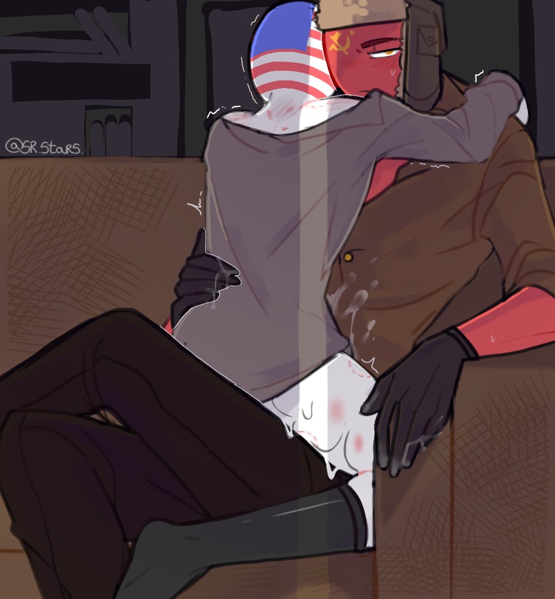 2boys countryhumans cum_on_leg gay gloves leggings legs_crossed looking_at_viewer male male/male partly_clothed red_markings shaking sitting_on_lap size_difference soviet_union_(countryhumans) srstars trembling united_states_of_america_(countryhumans)