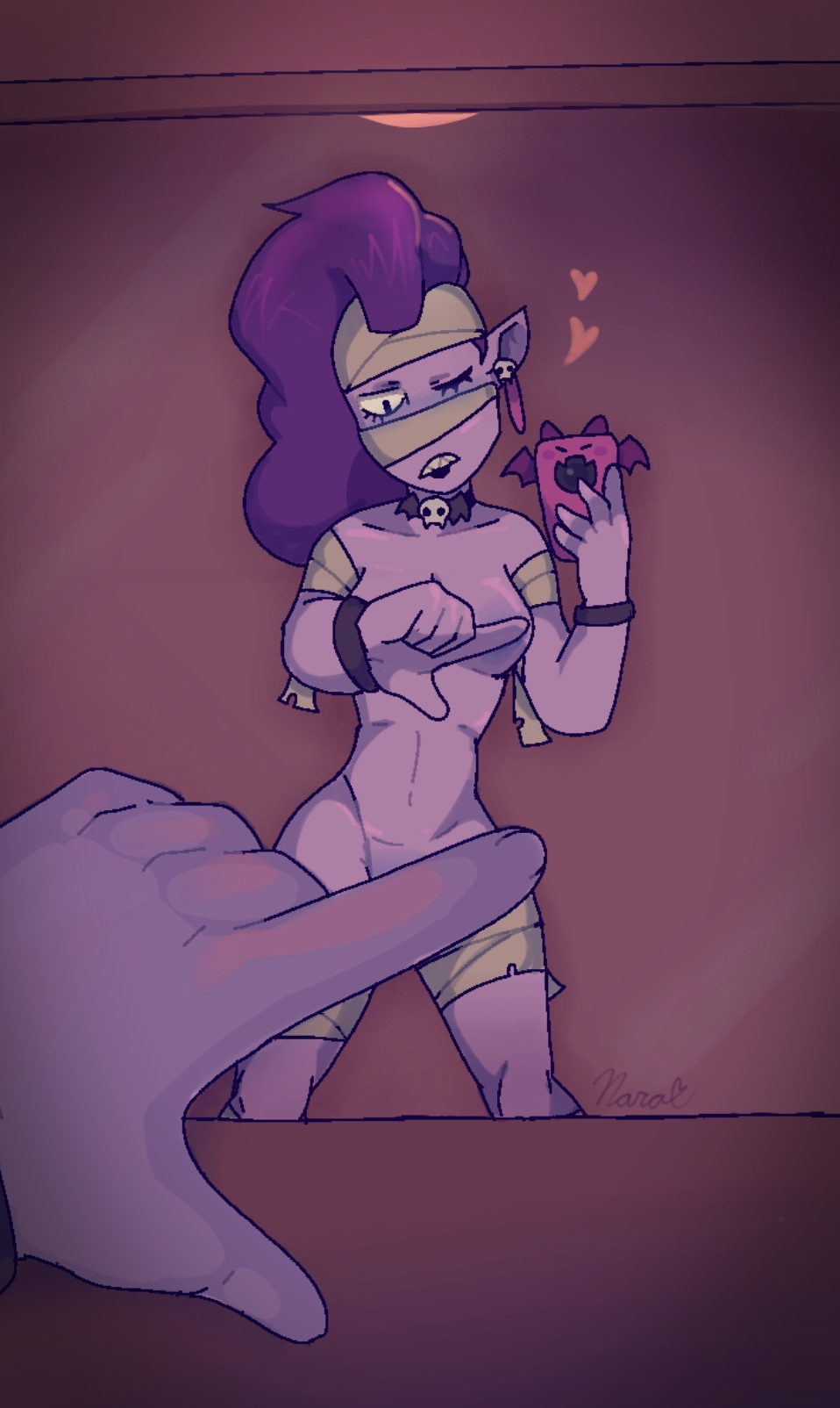 2d, brawl stars, emz (brawl stars), female, one finger selfie challenge, purple skin, purple-skinned female, unexpected404
