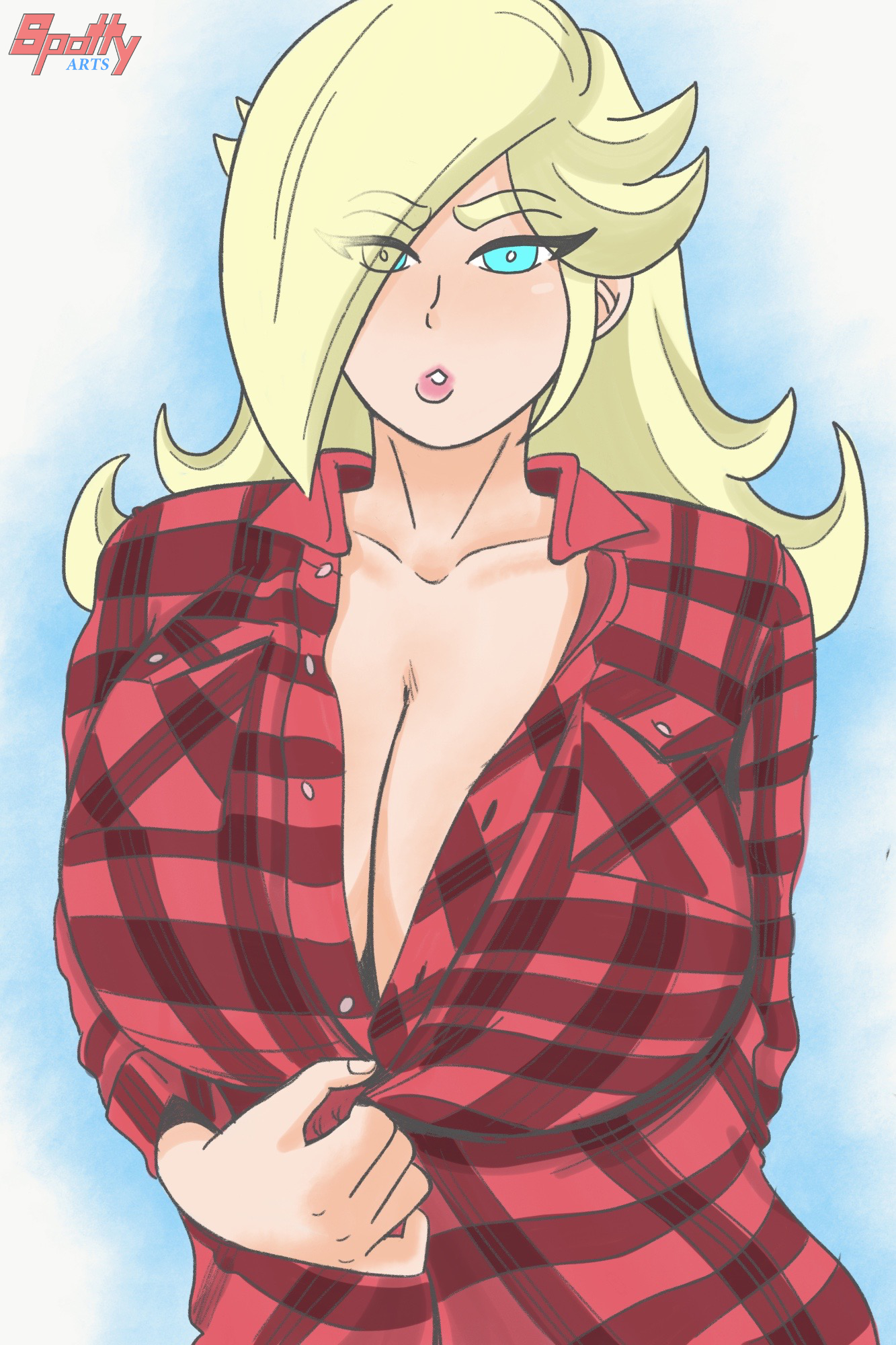 1girls, alternate costume, blonde hair, blue background, blue eyes, breasts, cleavage, clothing, eyebrows visible through hair, eyes visible through hair, female, female only, flannel, hair over one eye, long hair, looking at viewer, looking back, mario (series), nintendo, open shirt, princess rosalina, shirt, simple background, solo, spotty arts