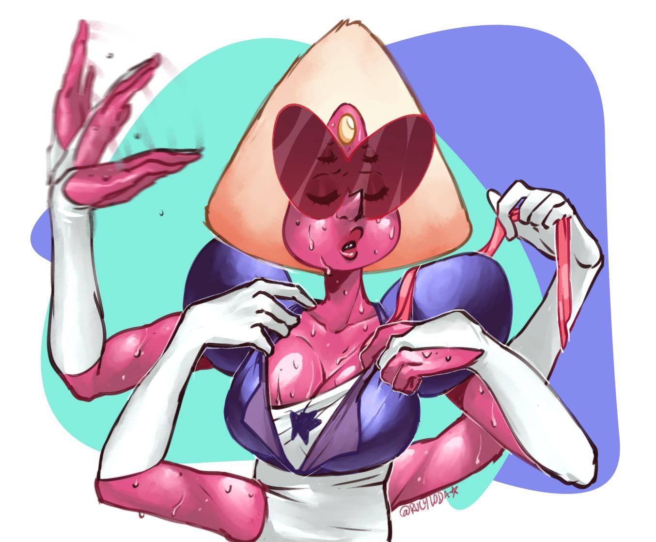 1girls, 4 arms, airing out, breasts, cartoon network, cleavage, fanning self, female, female only, gem (species), gem fusion, multi arm, multi eye, multi limb, rlodart, sardonyx (steven universe), solo, steven universe, sweat, sweating profusely, undressing