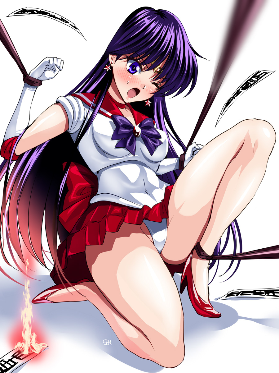 1girls bishoujo_senshi_sailor_moon blush bondage bound choker clothed clothing dark_purple_hair earrings female female_focus female_only fire gloves heels high_heels jewelry kneeling leg_up leotard long_hair ofuda open_mouth panties pantyshot purple_eyes purple_hair red_skirt rei_hino ropes sailor_collar sailor_mars sen_(sansui) serafuku shock skirt small_breasts solo squint sweat teenager thong_leotard thong_panties tiara tied_up trapped upskirt very_long_hair whip