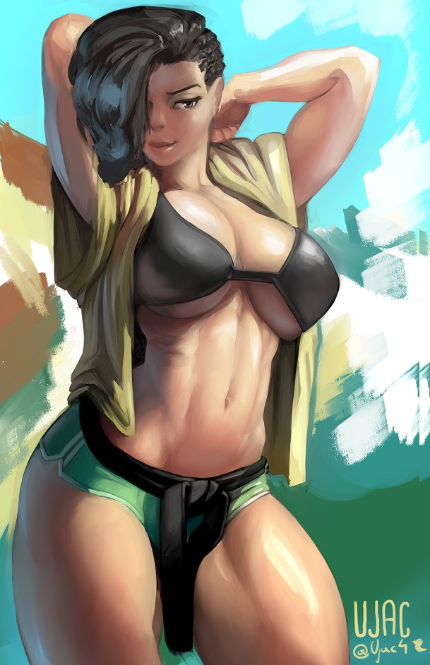 1girls, alternate costume, arms up, asymmetrical hair, belt, black belt, black bikini top, brazilian, brazilian female, breasts, brown eyes, capcom, cleavage, cornrows, dark skin, day, female, green shorts, hair over one eye, large breasts, latina, laura matsuda, lips, long hair, navel, nose, open clothes, ribs, short shorts, shorts, solo, stomach, street fighter, street fighter v, thick thighs, thighs, toned, ujac, underboob, wide hips