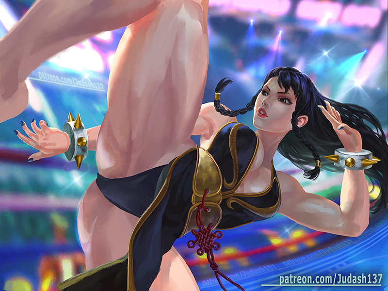 1girls alternate_costume alternate_hairstyle armpits ass black_hair bracelet breasts brown_legwear capcom china_dress chinese_clothes chun-li chun-li_(battle_ouffit_sfv) cleavage collarbone dress earrings fantasy female female_only fighting_stance high_kick jewelry judash137 kicking large_breasts light-skinned_female light_skin long_hair looking_at_viewer open_mouth parted_lips pelvic_curtain puffy_sleeves sash short_hair side_slit solo solo_female spiked_bracelet spikes street_fighter thick_thighs thighs toned upskirt