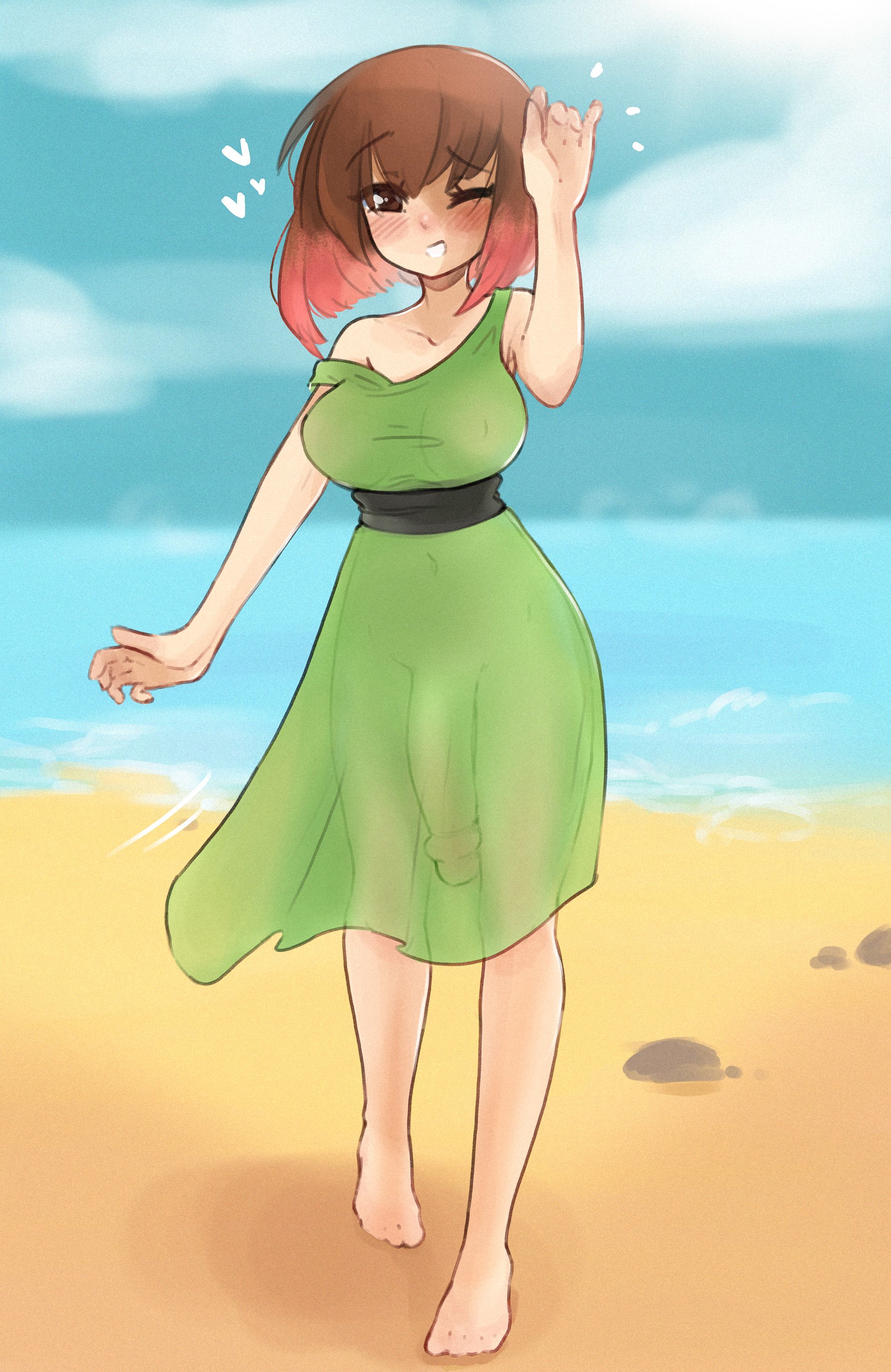 1futa, absurdres, areolae, beach, big penis, breasts, casual, casual erection, casual exposure, casual nudity, clothing, dickgirl, erection, futa only, futanari, highres, human, intersex, looking at viewer, nipples, pale skin, penis, penis to the knees, penis under clothes, penis under dress, poduu, see-through, solo, solo futa