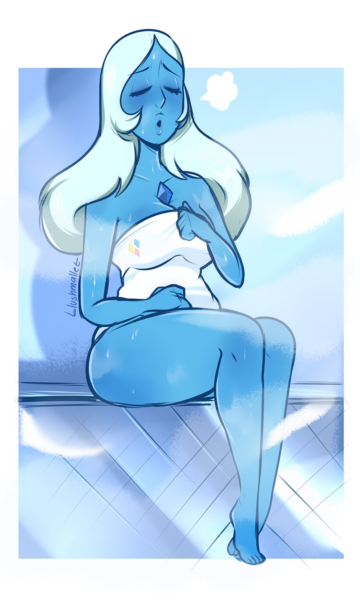 1girls blue_diamond_(steven_universe) blushmallet breasts cleavage curvy female female_only large_breasts nude sauna steam steven_universe towel wide_hips