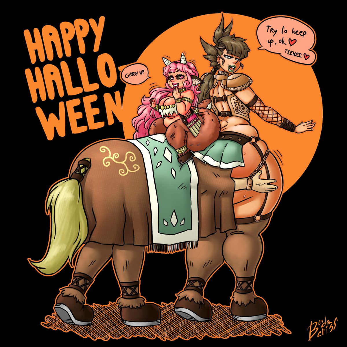 1boy 2019 2girls bendacriss big_breasts centaur color facesitting fishnet_armwear full_color halloween halloween_costume huge_ass lucy_deluccia pink_hair restrained satyr shortstack taur wide_hips willemine