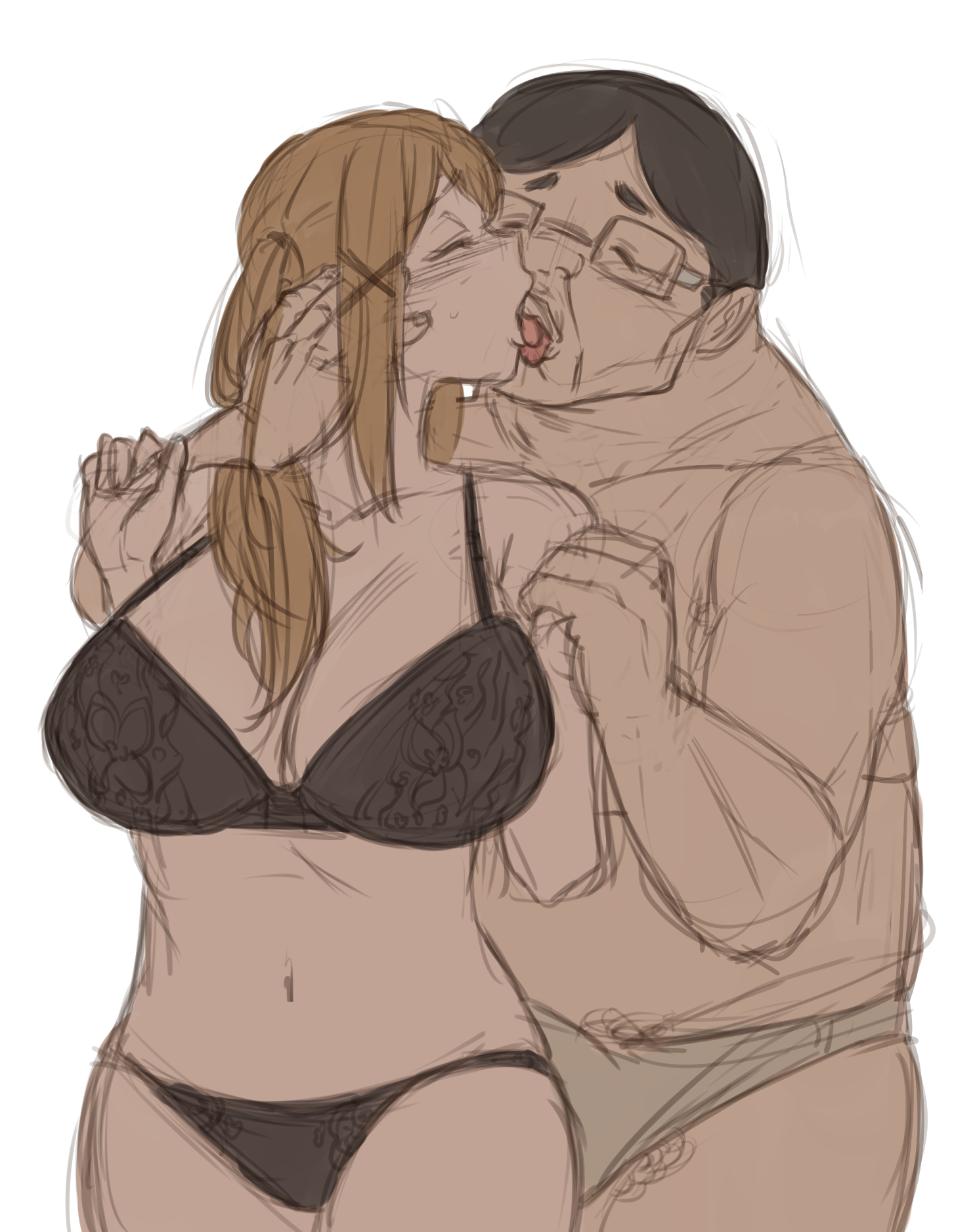 1boy, 1girls, age difference, bang dream!, bra, breasts, chubby, clothed, fat male, female, high resolution, huge breasts, ichigaya arisa, karmaniac, kissing, male, older male, overweight, overweight male, school uniform, schoolgirl, sketch, source request, teacher, teacher and student, thick thighs, tied hair, topless, twintails, ugly bastard, underwear, wide hips, younger female