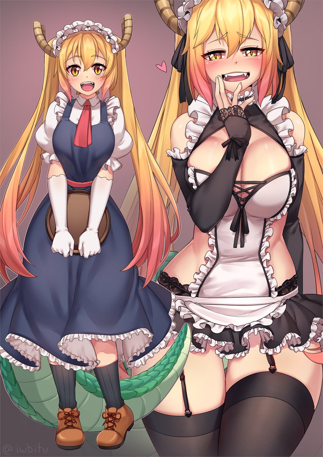 1girls, big breasts, blush, breasts, cleavage, female, female only, iwbitu, large breasts, looking at viewer, miss kobayashi's dragon maid, multiple views, open mouth, thighhighs, tohru (dragon maid)