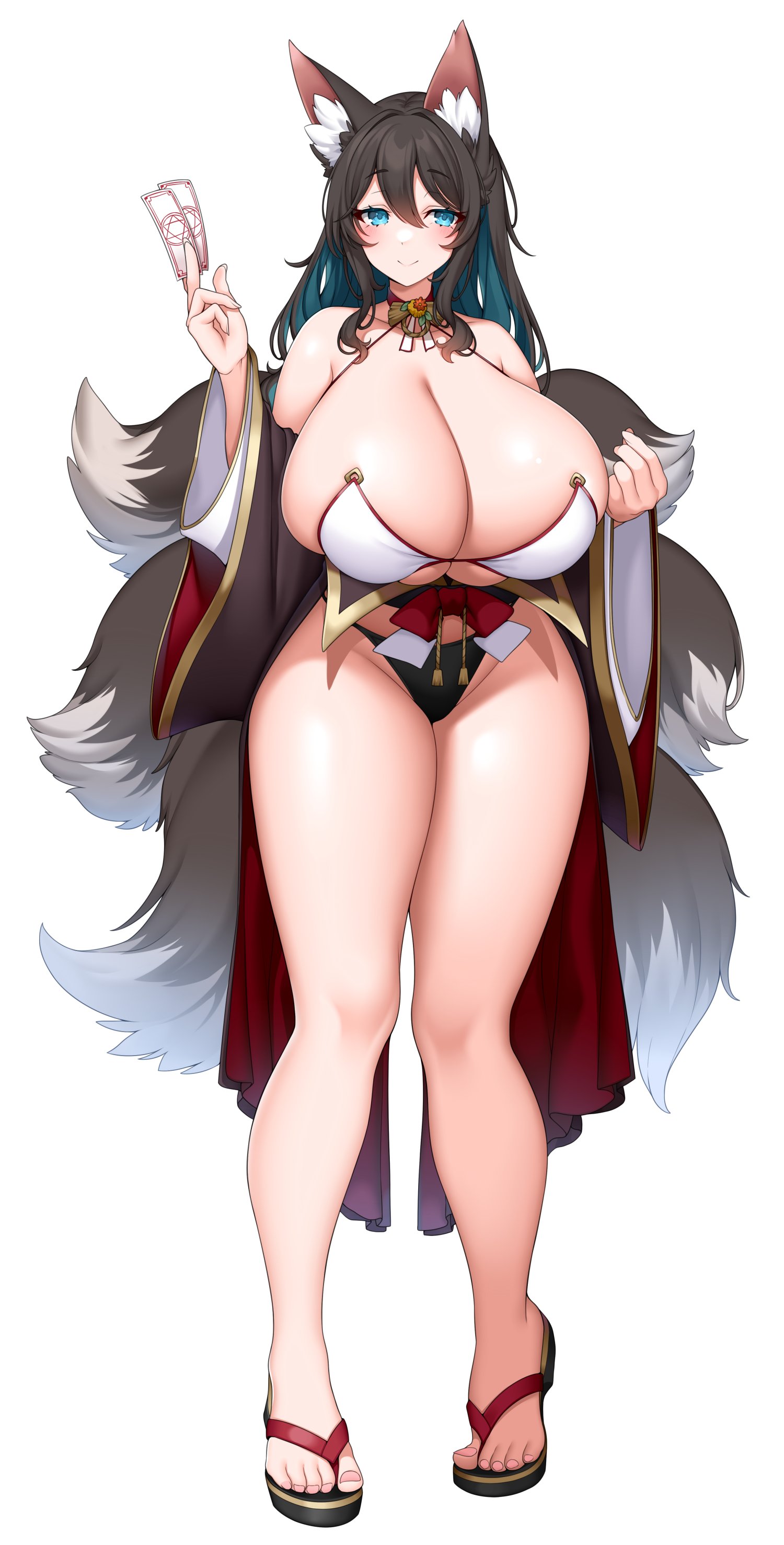 1girls, 2023, aqua eyes, big breasts, black hair, blue hair, blush, breasts, female, female only, fox ears, fox girl, fox tail, japanese text, kitsune, light skin, light-skinned female, looking at viewer, multi tail, sandals, skimpy, skimpy clothes, smiling, smiling at viewer, solo, suruga (xsurugax), tail, tails, thick thighs, two-tone hair, very high resolution, white background, zouri