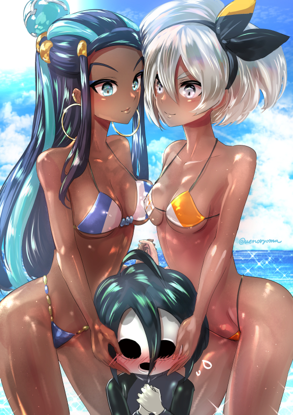 1boy 2girls 2girls1boy ahoge allister_(pokemon) alternate_outfit armpits ass bea_(pokemon) beach bikini blue_background blush breasts clothes clouds dark-skinned_female day earrings eye_contact female ffm_threesome hair_accessory hand_holding hands_on_face hoop_earrings human larger_female looking_at_viewer looking_away looking_down male malesub mask nessa_(pokemon) nintendo ocean older_female onion_(pokemon) outdoors pokemon pokemon_ss pose seductive_smile shy size_difference sky smaller_male source_request sparkle text threesome uenoryoma underboob watermark wide_hips younger_male