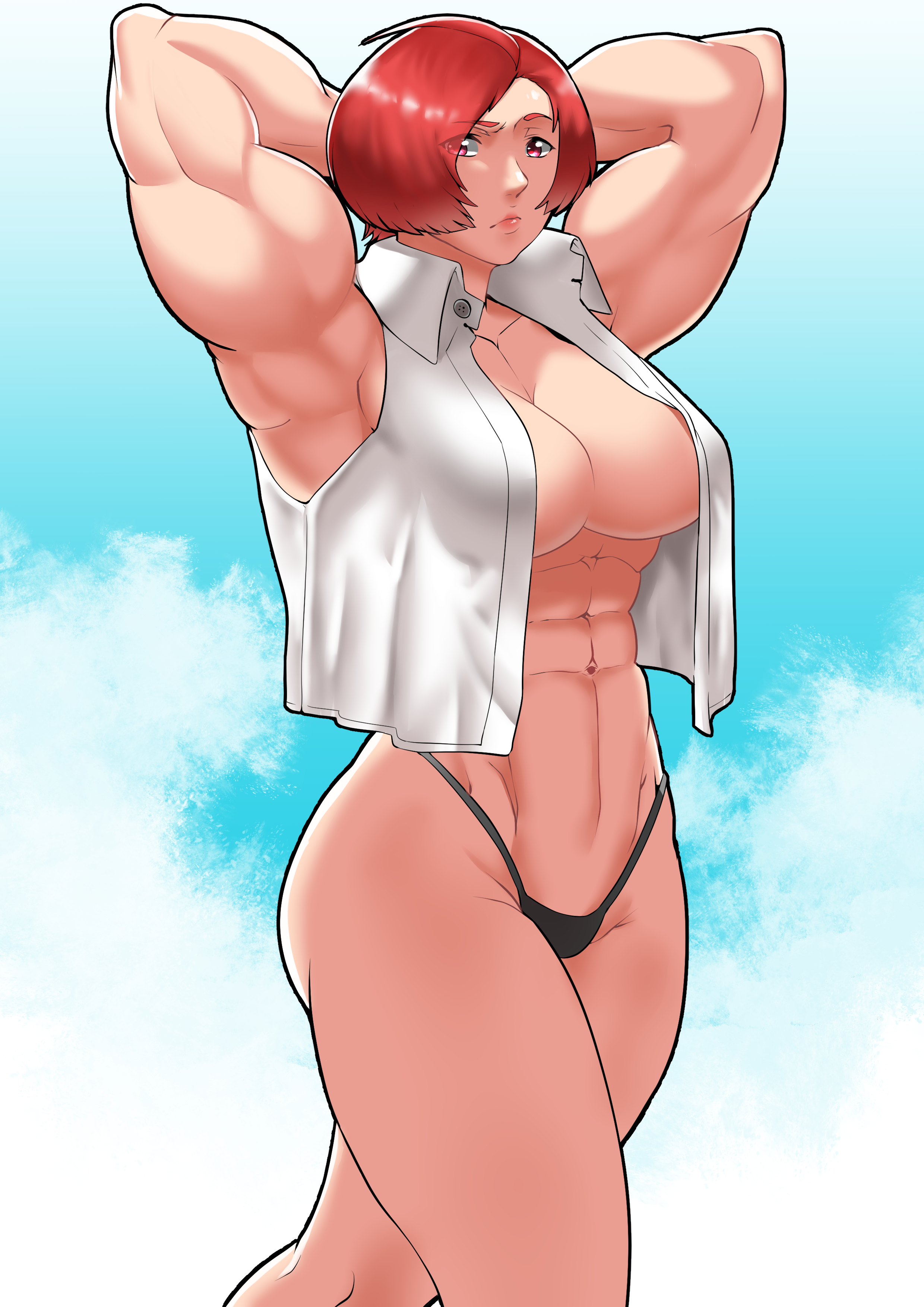 abs, armpits, arms behind back, arms behind head, blaccbear, breasts, busty, cleavage, extreme muscles, female, hair over one eye, king of fighters, large breasts, muscles, muscular, muscular female, navel, pose, red eyes, red hair, shirt, sleeveless shirt, snk, solo, thong, vanessa (kof), white shirt