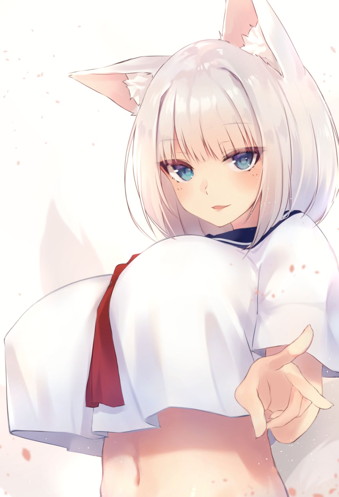 azur_lane bangs big_breasts blue_eyes blush breasts busty crop_top crop_top_overhang dutch_angle eyebrows_visible_through_hair female female_only fox_girl huge_breasts kaga_(azur_lane) kemonomimi large_breasts midriff midriff_baring_shirt necktie sakuraann777 serafuku shirt_hanging_from_breasts short_hair silver_hair solo_female tail