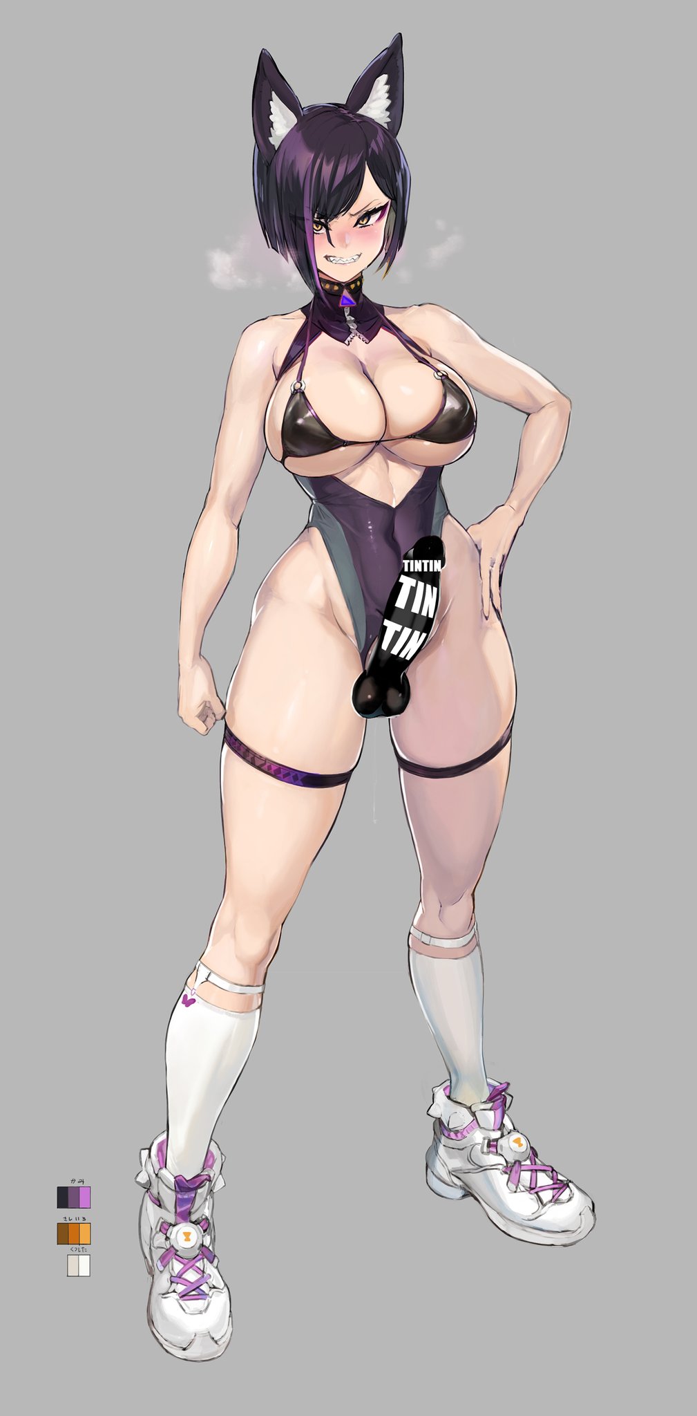 1futa, abs, animal ears, big breasts, black hair, blush, breasts, censored, cleavage, dickgirl, eye contact, full body, futa only, futanari, hair over one eye, half-closed eyes, highres, image sample, intersex, intersex only, large breasts, leotard, looking at viewer, muscular, ookuma (nitroplus), original, penis, sharp teeth, sneakers, solo, standing, teeth, teeth clenched, thick thighs, thigh strap, thighs, twitter sample, two-tone hair, wide hips, yellow eyes