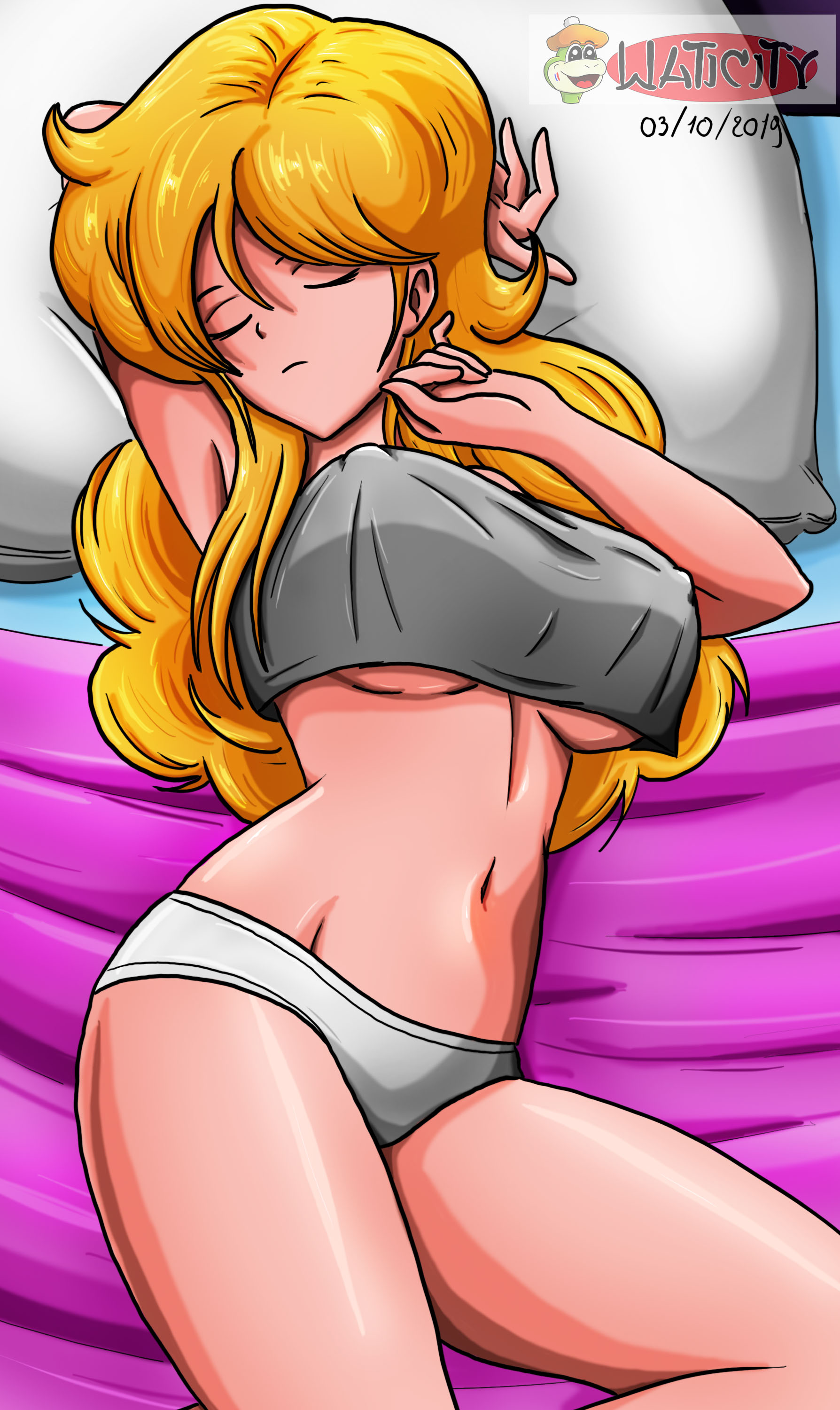1girls, bad launch, breasts, dragon ball, dragon ball (classic), female, grey panties, grey shirt, launch, nipple bulge, panties, pillow, sleeping, solo, underboob, waticity