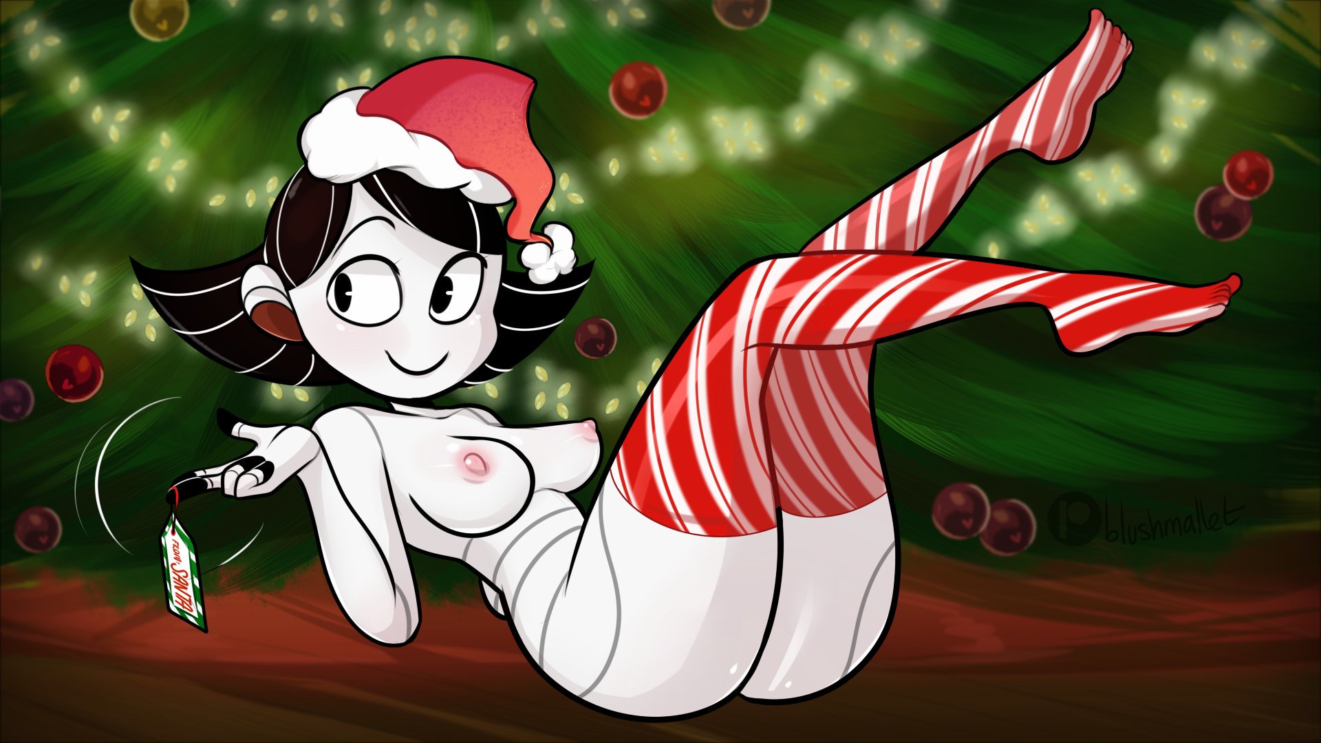 1girls, blushmallet, breasts, christmas, female, female only, kneehighs, mallet (blushmallet), naked, naked stockings, original, original character, santa hat, solo, striped legwear