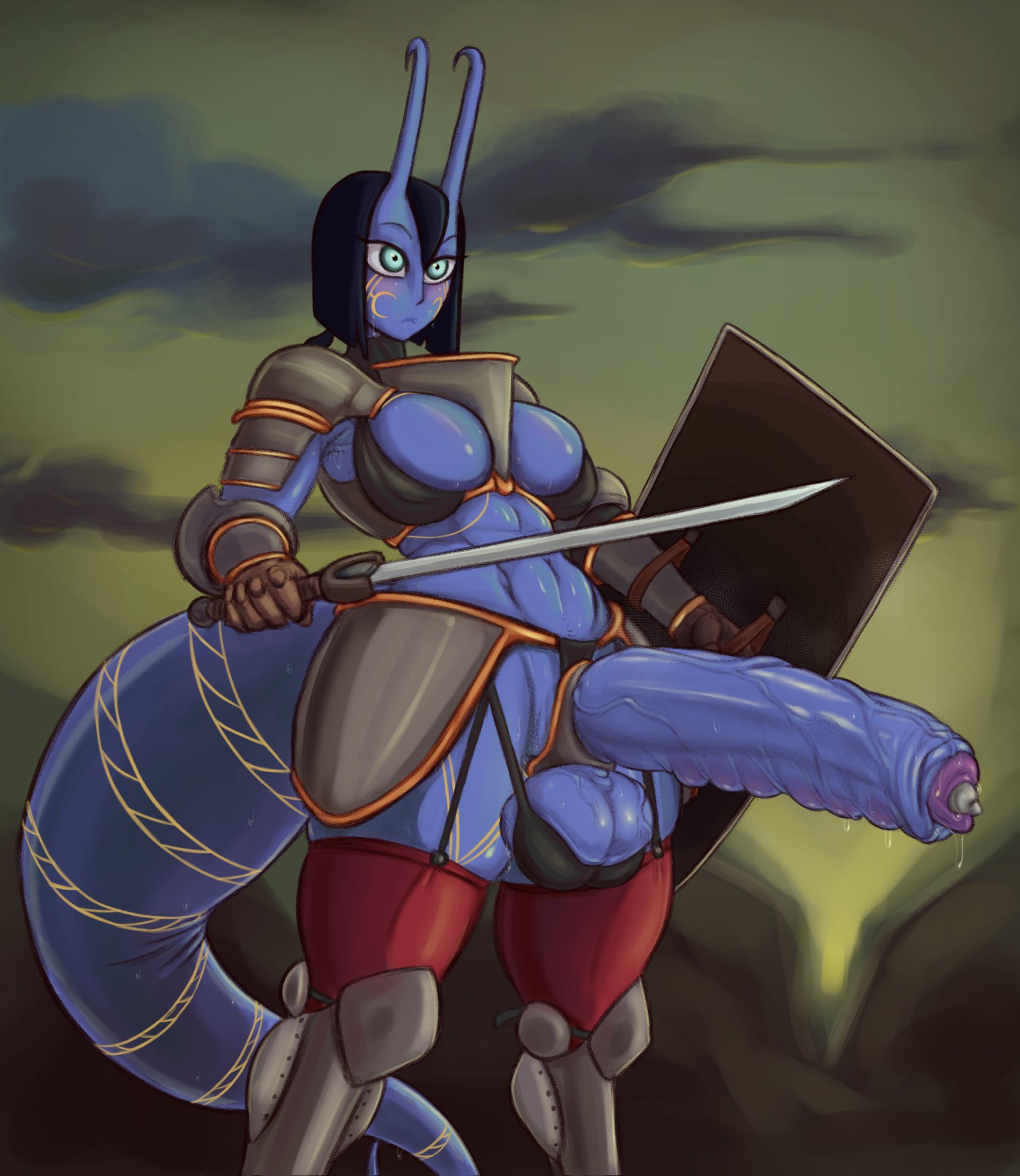 1futa, aerope (madslads), anthro, balls, balls bulge, balls in panties, beads, bikini armor, black hair, blue skin, blush, bra, breasts, cleavage, clothed, clothing, curvy, dungeons and dragons, erection, foreskin, futa only, futa urethral insertion, futanari, garter belt, garter straps, green eyes, horns, huge balls, huge breasts, huge cock, humanoid, hyper, hyper penis, intersex, madslads, muffin top, panties, panty bulge, partially clothed, penile urethral insertion, penis, penis out, precum, precum drip, shield, skindentation, sword, tail, thighhighs, tiefling, tribal tattoo, uncircumcised, uncut, urethral insertion