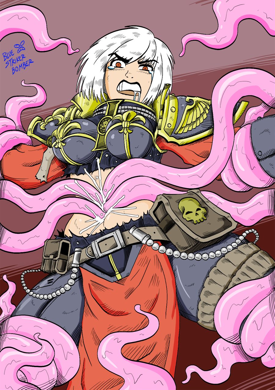 1girls, adepta sororitas, angry, armor, belly button, bluestrikerbomber, chaos (warhammer), female, female only, imperium of man, lipstick, navel, navel insertion, navel penetration, power armor, power armor (warhammer), rape, short hair, sister of battle, solo, solo female, tentacle, tentacle rape, tentacle sex, warhammer (franchise), warhammer 40k, white fur