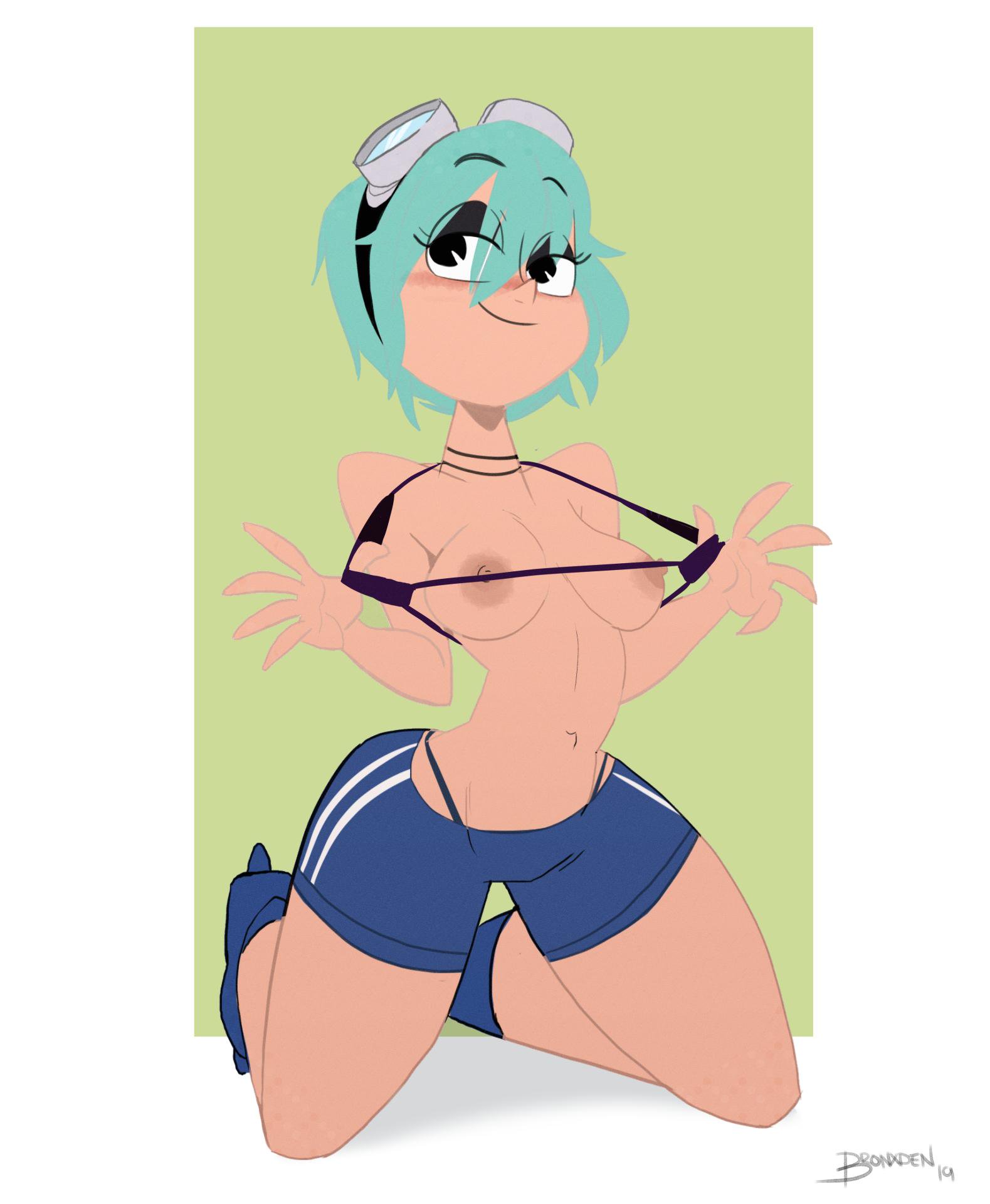 1girls, areolae, bedroom eyes, black eyes, black underwear, blue hair, blush, bra, breasts, bronxden, erect nipples, eyeshadow, female, female only, goggles, goggles on head, highleg panties, kneeling, nipples, partially clothed, presenting, presenting breasts, ramona flowers, scott pilgrim, short hair, shorts, solo, solo female, thigh gap, thong, thong above shorts, thong straps, underwear
