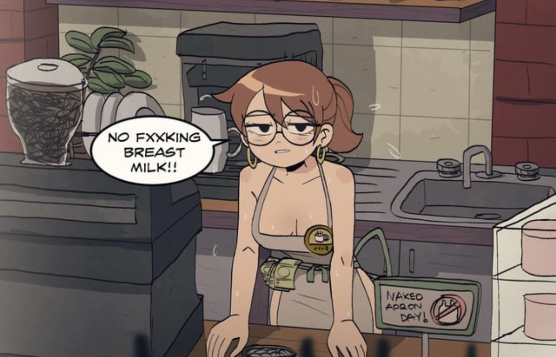 angry, apron, apron only, barista, cafe, coffee, female artist, iced latte with breast milk, julie powers, keetydraws, kt-draws, naked apron, nude female, public, public exposure, scott pilgrim, scott pilgrim takes off, speech bubble