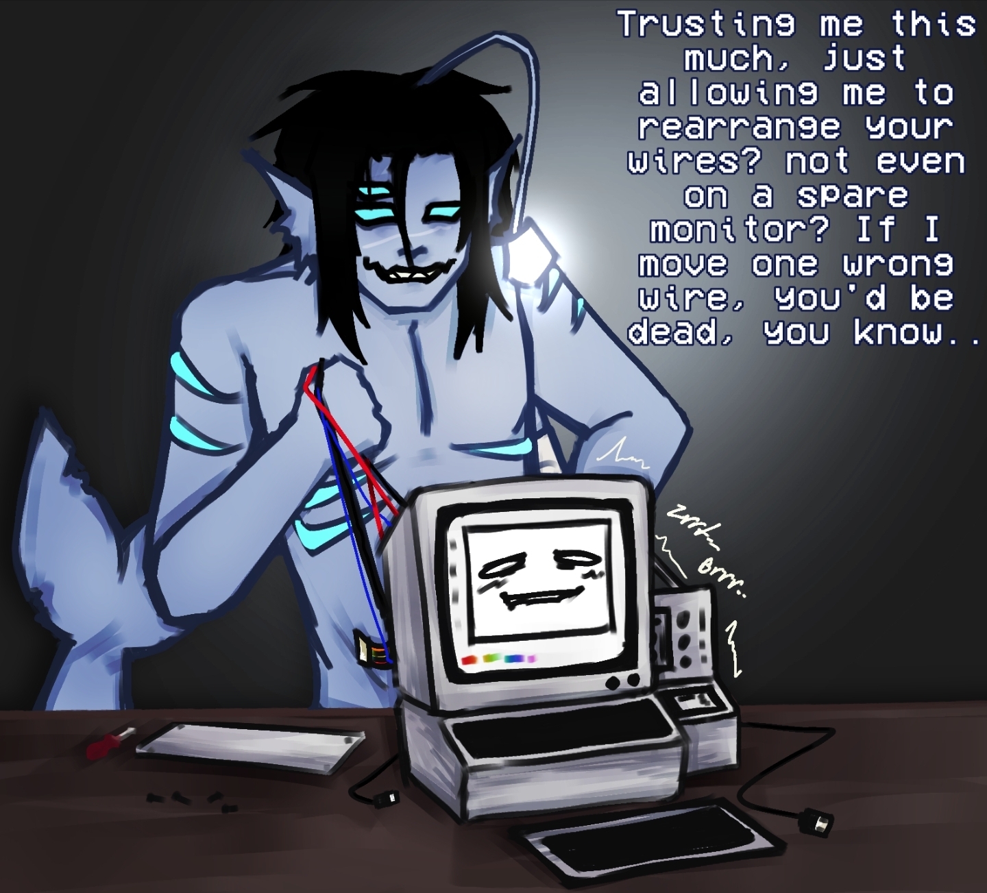 1monster, 1other, 2boys, 3 arms, 3 eyes, ambiguous gender, artificial intelligence, beyondbday, black hair, blue eyes, blue skin, color, colored, computer, computer screen, dialogue, digital, digital art, digital drawing, digital drawing (artwork), digital media, digital media (artwork), duo, duo focus, ear fins, english text, fins, fish humanoid, fish tail, gay, gills, gills on chest, lure (anatomy), male, male/male, mayorgriefer, merfolk, merman, monster, monster male, multi arm, multi eye, multi limb, non-human, nonhuman, objectophilia, objectum, p.ai.nter (pressure), pressure (roblox), pulling wires, roblox, roblox game, screen, screen face, screwdriver, sebastian solace, self upload, short hair, tagme, tagme (artist), tail fin, technophilia, text, usb, usb cable, white text, wire, wireplay, wires, yaoi