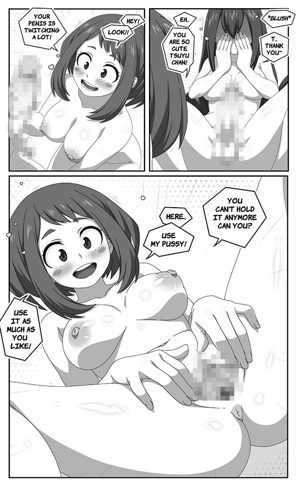 2girls, asymmetrical docking, blue-senpai, blush, boku no hero academia, breast press, breasts, censored, comic, english text, eye contact, face-to-face, female, futanari, greyscale, hug, human, human female, intersex, kissing, large breasts, long hair, looking at another, medium breasts, monochrome, mosaic censoring, multiple females, multiple girls, my hero academia, nude, ochako uraraka, penis, short hair, symmetrical docking, tsuyu asui, uraraka ochako, yuri