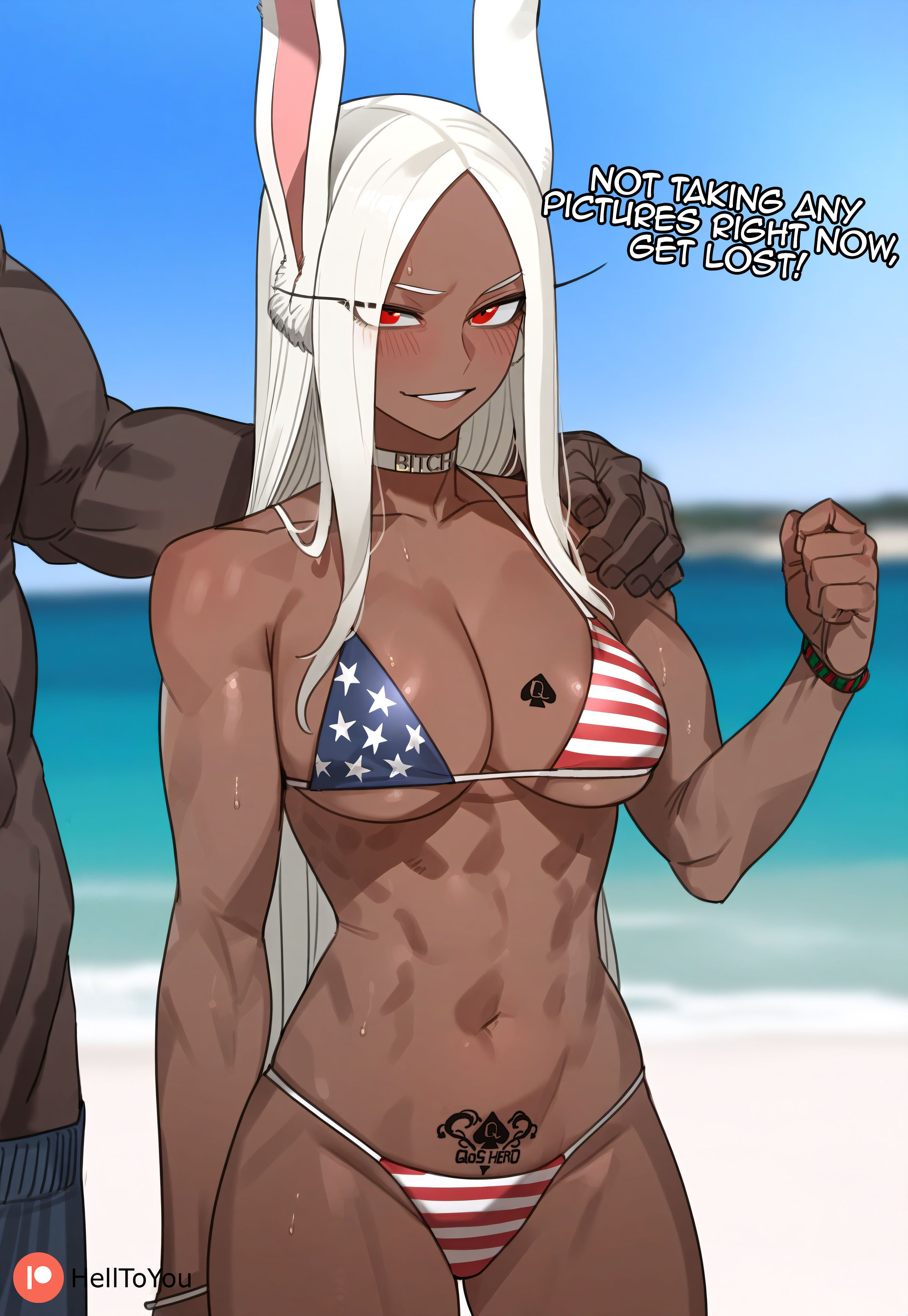 abs, ai generated, american flag bikini, beach, boku no hero academia, choker, color, dark skin, dark-skinned female, dark-skinned male, female, helltoyou, ken takagi, long hair, male, miruko, muscular, muscular male, my hero academia, qos, qos tattoo, queen of spades, rabbit ears, rock lock, rumi usagiyama, spade tail, spade tattoo, superhero, superheroine, white hair