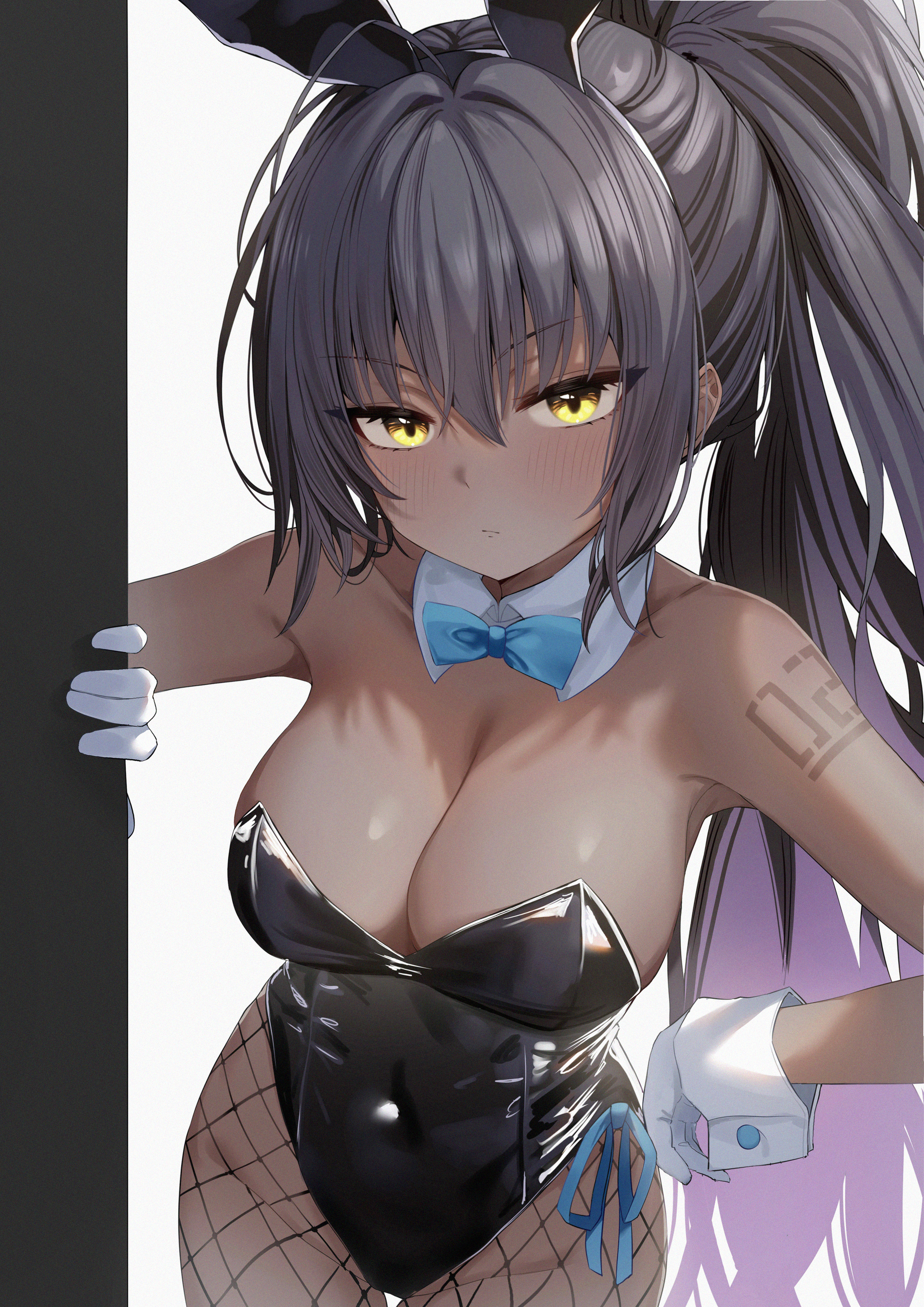 absurdres, animal ears, bare shoulders, black hair, black leotard, blue archive, blue bow, blue bowtie, blush, bow, bowtie, breasts, bunny ears, bunny tail, bunnysuit, cleavage, closed mouth, collar, collarbone, covered navel, cowboy shot, dark skin, dark-skinned female, detached collar, fake animal ears, female, fishnets, gloves, hair between eyes, hand on own hip, high ponytail, highres, karin (blue archive), karin (bunny) (blue archive), large breasts, leotard, long hair, looking at viewer, official alternate costume, ponytail, solo, strapless, strapless leotard, very long hair, wendao, white collar, white gloves, white wrist cuffs, wrist cuffs, yellow eyes