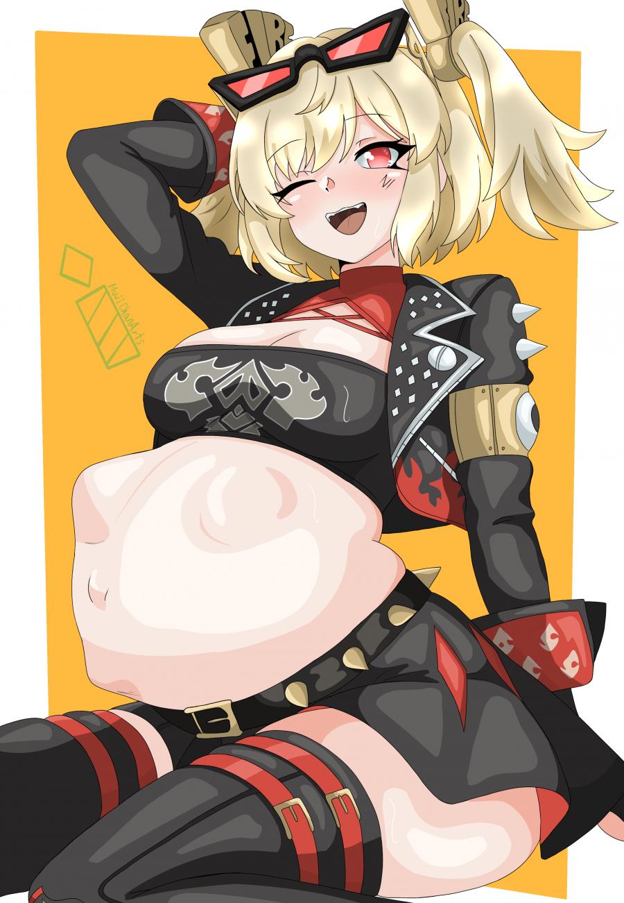 1girls 2020s 2025 2d 2d_(artwork) artist_name biker_clothes biker_girl black_clothing black_shirt black_skirt blonde_female blonde_hair blonde_hair blush blush blushing_at_viewer blushing_female burnice_white color colored digital_media digital_media_(artwork) embarrassed eyewear flustered front_view glasses hair hair_ornament hand_on_head hi_res highres hips hoyoverse impregnated jacket leather_clothing mihoyo mujichanarts one_eye_closed pregnant pregnant_belly pregnant_female red_eyes shirt short_hair short_hair_female skirt smiling smiling_at_viewer spiked_belt thick_thighs thigh_up thighhighs thighs tinted_eyewear tinted_glasses twintails two-tone_background wide_hips yellow_background zenless_zone_zero