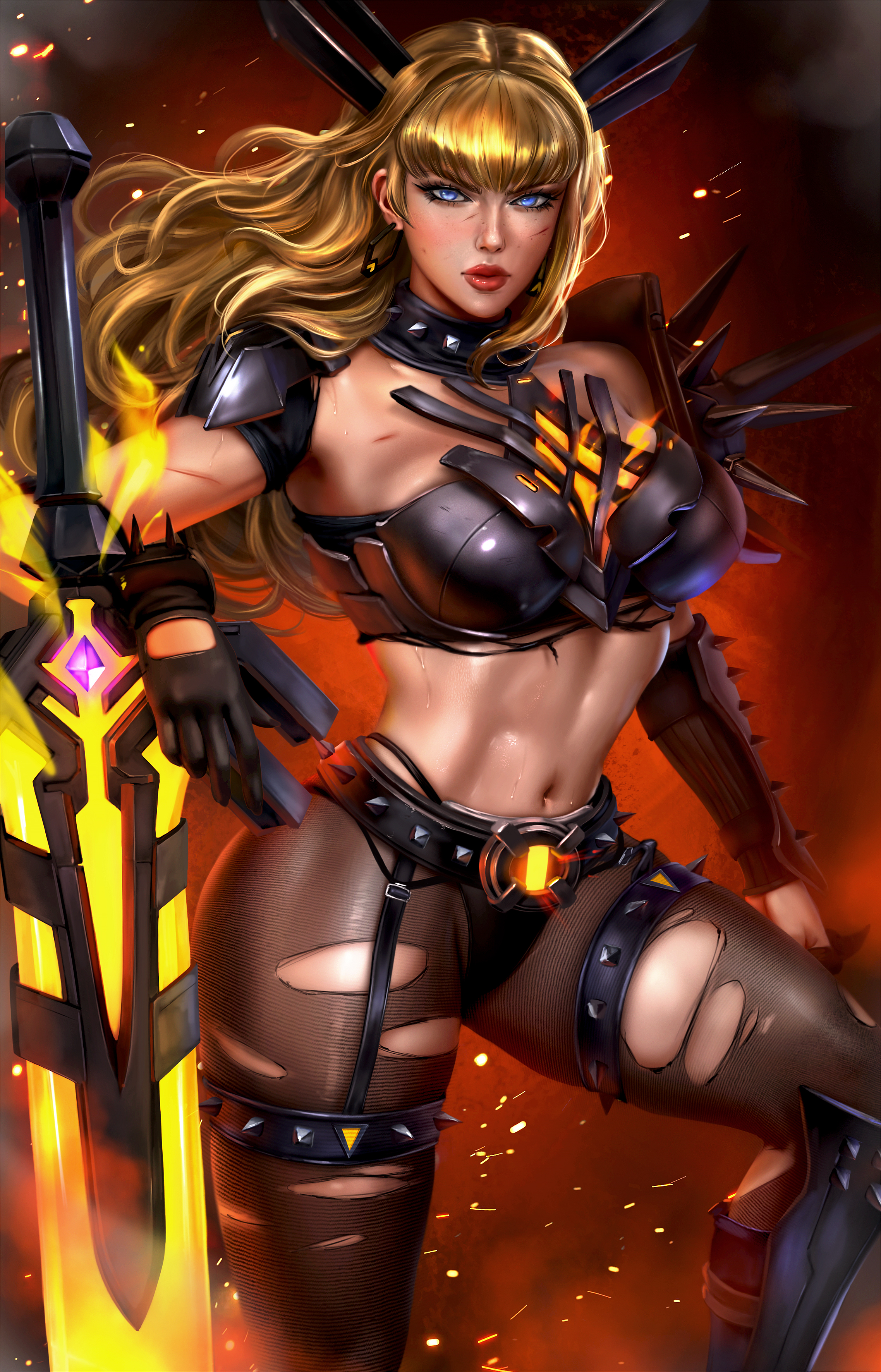1girls, 2d, absurd res, absurdres, armor, athletic, athletic female, bangs, big breasts, black gauntlets, black gloves, black stockings, blonde hair, blue eyes, breasts, clothed, clothed female, curvaceous, curvaceous body, curvaceous female, curvaceous figure, curvy, curvy body, curvy female, curvy figure, cuts, ear ring, earring, earrings, female, female focus, female only, fit, fit female, garter belt, gauntlets, gloves, hair ornament, high resolution, highres, hips, large filesize, legs, light skin, light-skinned female, lips, lipstick, logan cure, long hair, magik (illyana rasputin), magik (marvel rivals), marvel, marvel comics, marvel rivals, midriff, mutant, mutant (marvel), navel, pose, posing, red lips, red lipstick, russian, russian female, scars, slim female, slim waist, solo, solo female, solo focus, spiked armor, spikes, stockings, stomach, superhero, superhero costume, superheroine, sword, thick thighs, thighs, toned, toned body, toned female, toned stomach, torn stockings, very high resolution, voluptuous, voluptuous female, weapon, wide hips, x-men