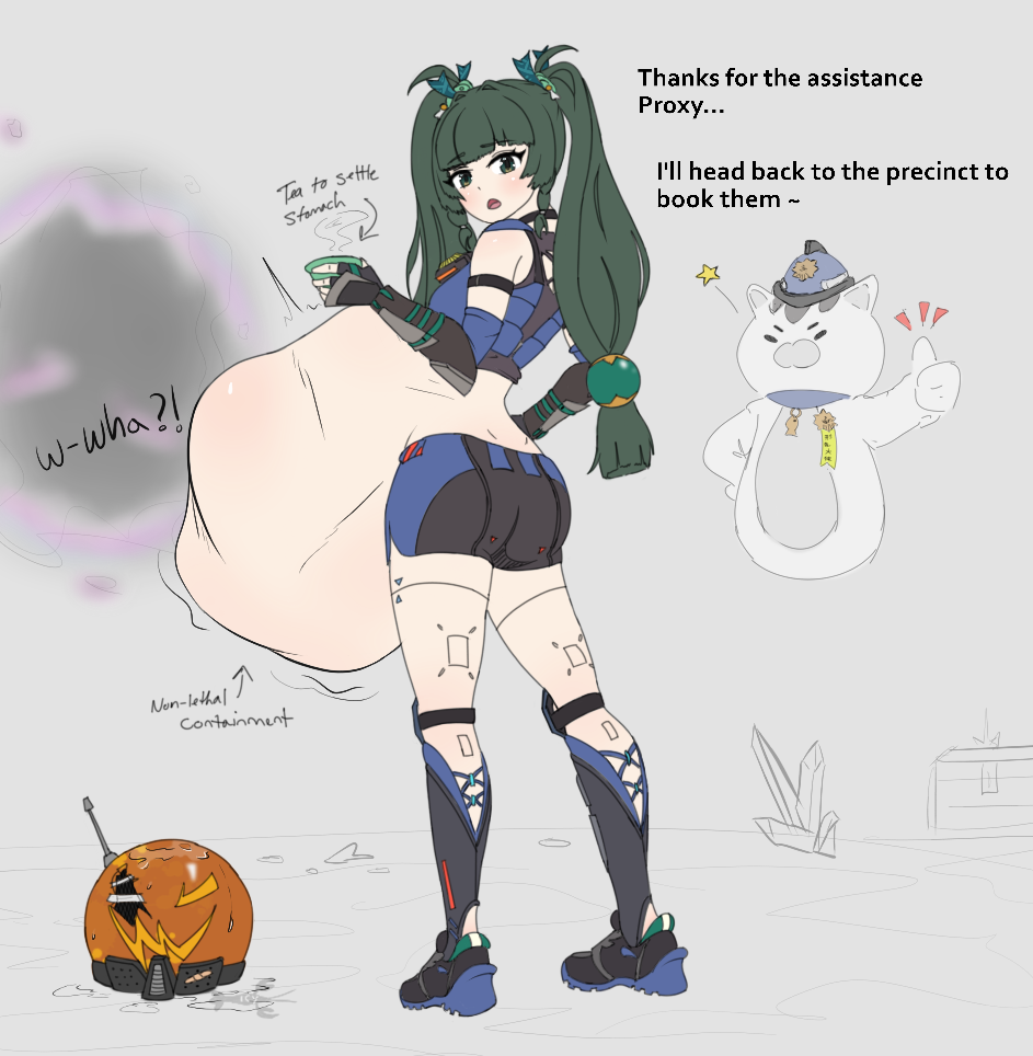 1boy 1girls 2020s 2025 2d 2d_(artwork) android arrest arrested ass back_view bare_belly belly_bulge big_belly breasts cat_suit color colored dialogue digital_media digital_media_(artwork) endosoma english_text female female/male female_focus female_pred full_body green_eyes green_hair hair_ornament helmet hi_res highres holding_cup holding_object hollow_thug icylobster large_belly light-skinned_female light_skin looking_at_viewer looking_back looking_over_shoulder lumpy_belly male_prey metallic_body officer_mewmew offscreen_character oral_vore police police_hat police_uniform portal prey_outline prey_shaped_bulge qingyi_(zenless_zone_zero) robot side_belly small_breasts standing straight tea teacup text thumbs_up twin_braids viewed_from_behind vore vore_belly zenless_zone_zero