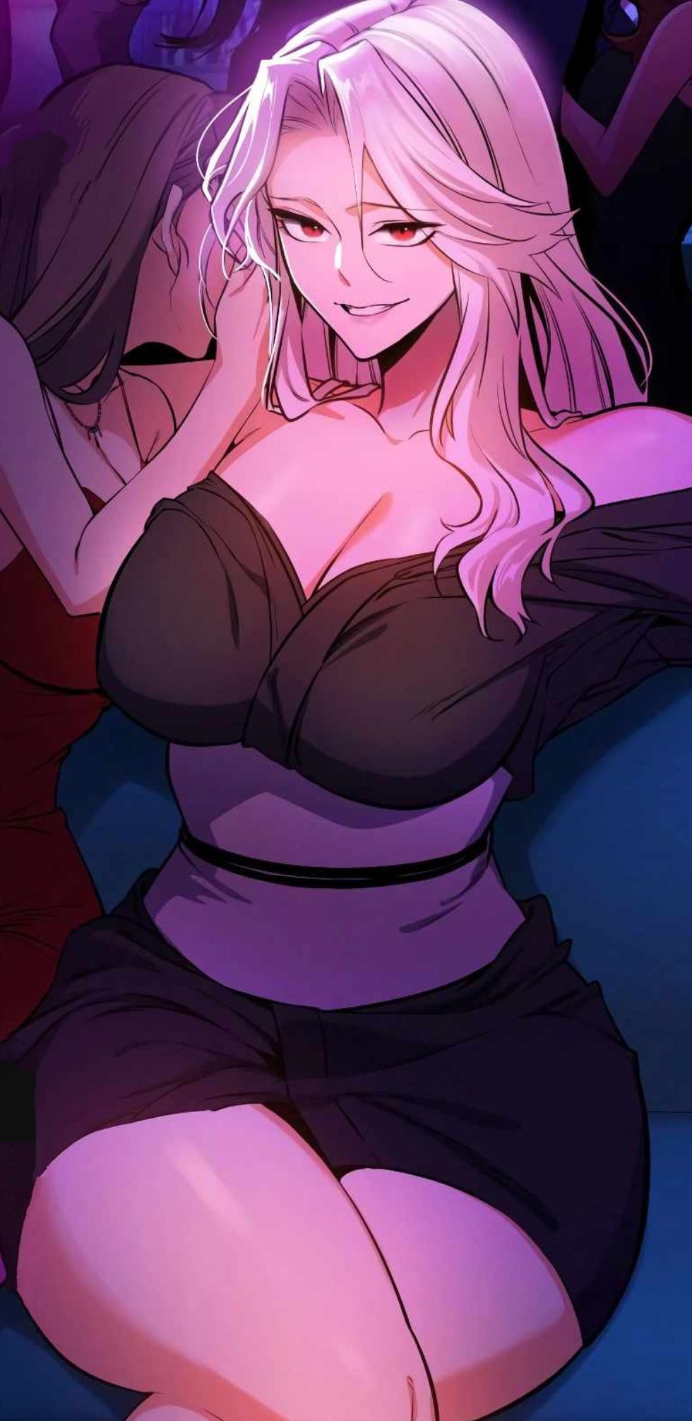 1girls, 2girls, ass, big ass, big thighs, breasts, club, day walker, dress, female, female focus, female only, femdom, human, humanoid, long hair, looking at viewer, manhwa, medium breasts, piercing eyes, red eyes, smug, smug grin, solo, thick ass, thick thighs, thighs, vampire, white body, white hair, white skin
