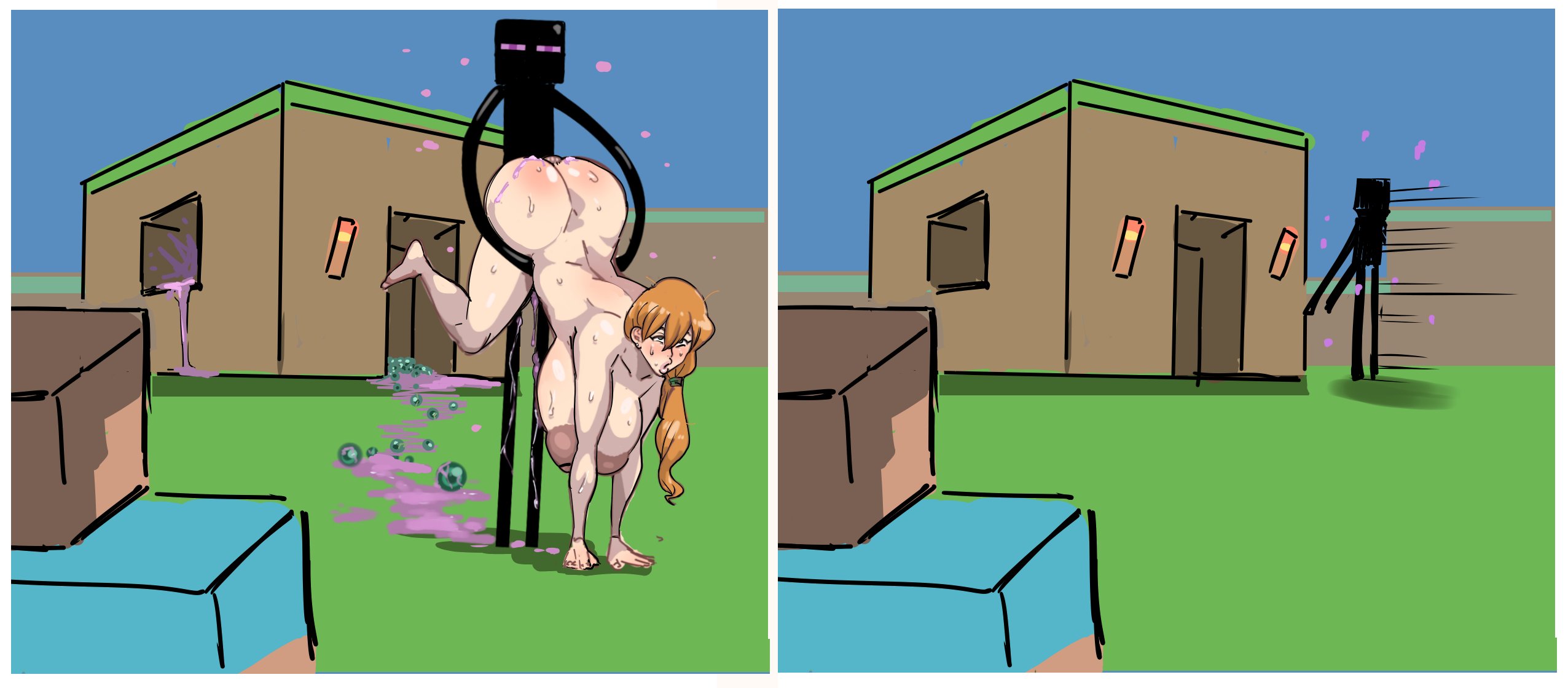 alex (minecraft), ambiguous penetration, blizzardkatikat, breasts, breasts bigger than head, enderman, female, huge breasts, human, human female, interspecies, kandenki, light skin, light-skinned female, microsoft, minecraft, minecraft mob, mojang, monster, penetration, rape, raped by monster, sex, twitter link, unrealistic proportions