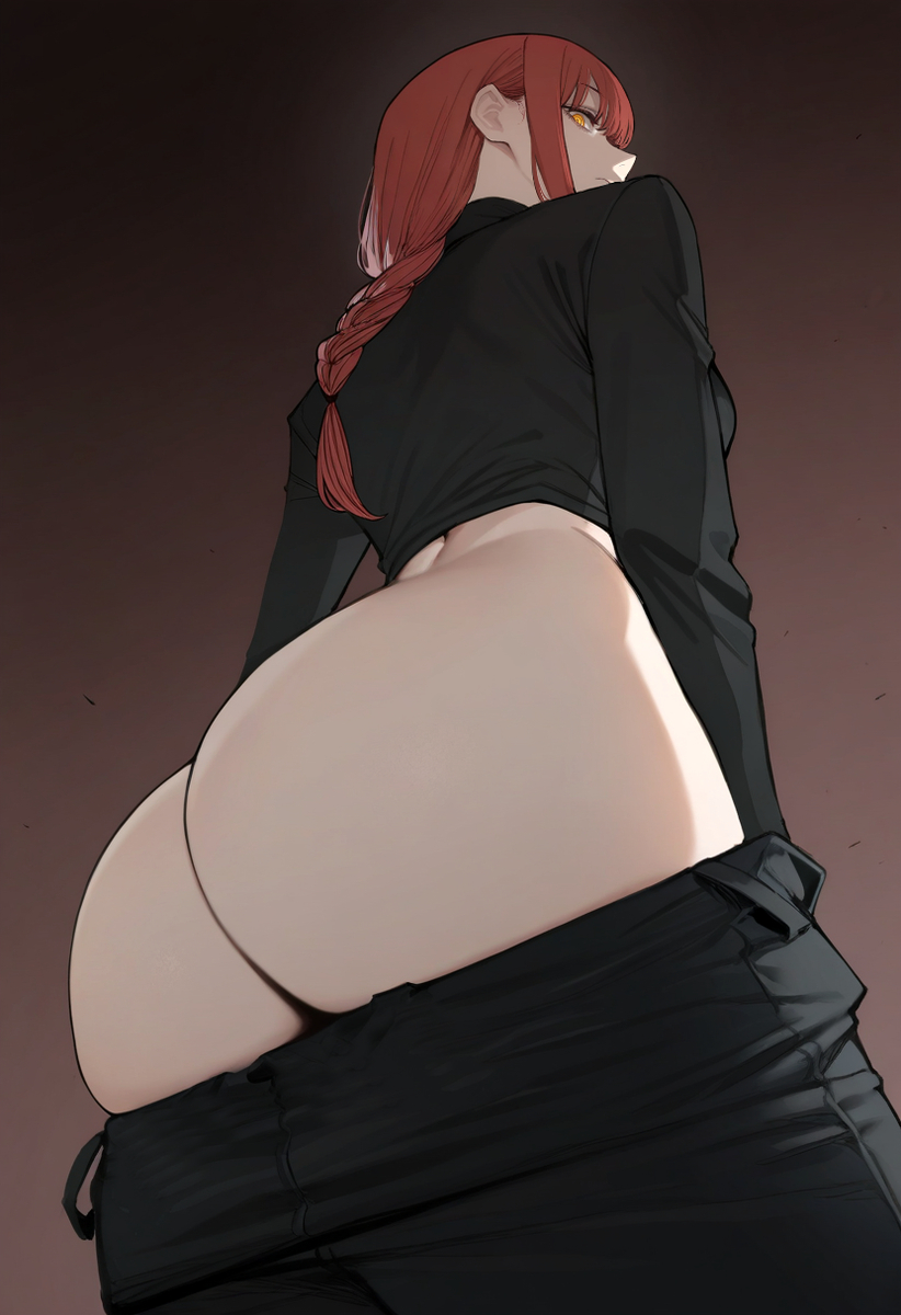 1girls, ai generated, ass, ass focus, black pants, black sweater, chainsaw man, female, female only, makima (chainsaw man), pants, pants down, red hair, solo, sweater, zloimakak