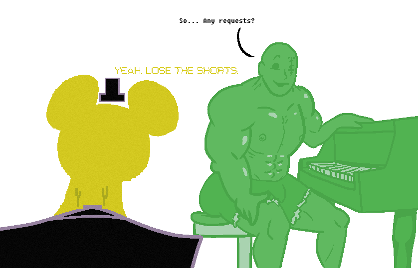 abs biceps bulge five_nights_at_freddy&#039;s golden_freddy_(fnaf) jean_shorts male male_only muscles muscular muscular_male nipples parody pecs phone_guy_(fnaf) shitpost short_shorts thick_ass thick_thighs