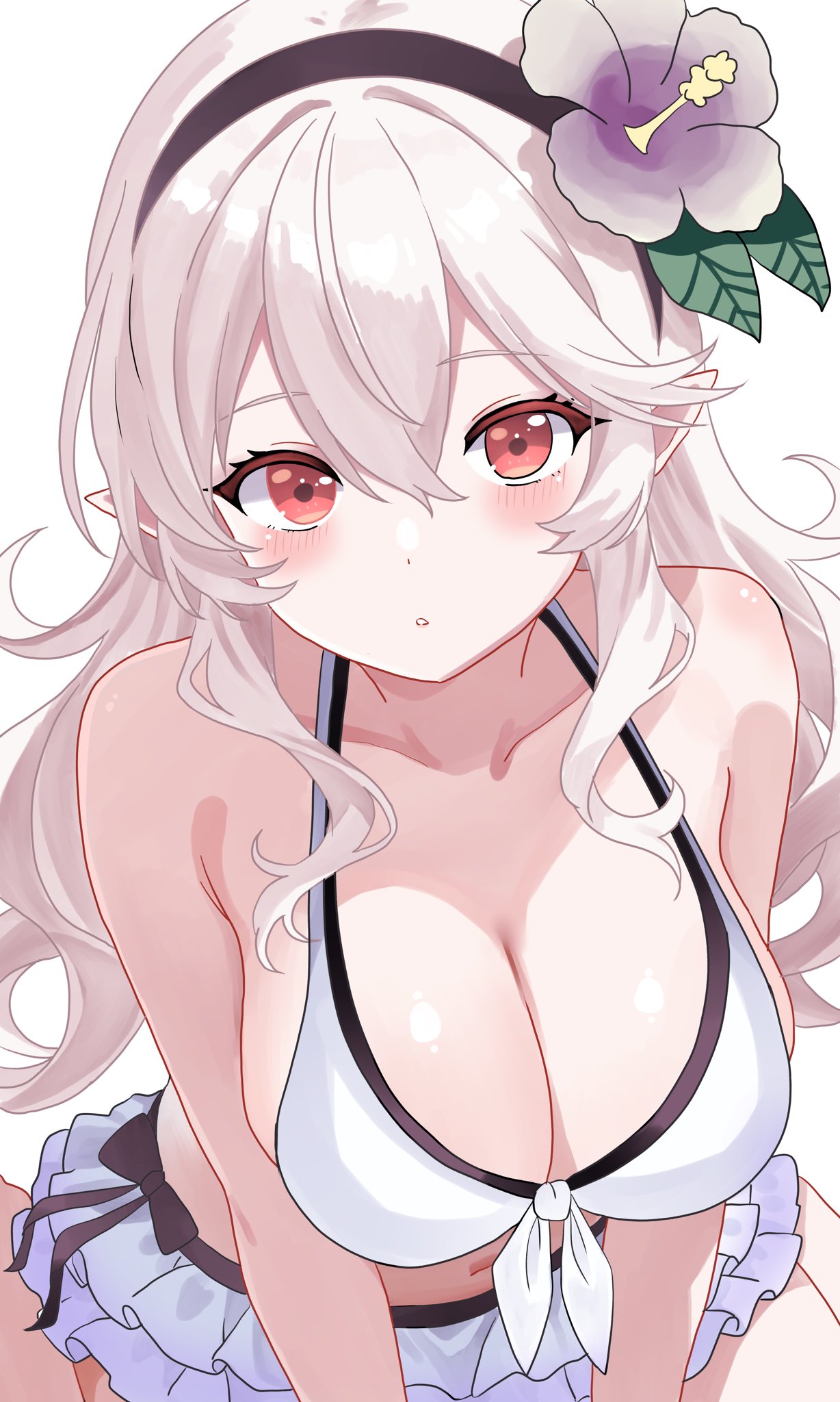 1girls bikini black_hairband blush breasts cleavage corrin_(female)_(fire_emblem) corrin_(female)_(novice_vacationer)_(fire_emblem) corrin_(female)_(summer)_(fire_emblem) corrin_(fire_emblem) corrin_(fire_emblem)_(female) female female_focus female_only fire_emblem fire_emblem_fates fire_emblem_heroes flower frilled_skirt front-tie_bikini grey_hair hair_between_eyes hair_flower hair_ornament hairband large_breasts long_hair looking_at_viewer midriff n_54 official_alternate_costume pointy_ears red_eyes smile solo swimsuit thighs white_bikini white_hair