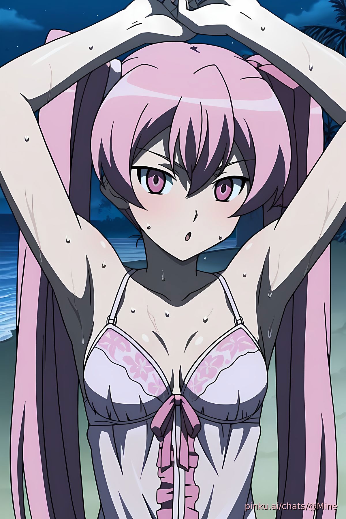 1girls, ai, ai generated, akame ga kill!, armpit fetish, armpits, arms behind head, arms up, breasts, female, female only, flat chest, lingerie, mine (akame ga kill!), pink hair, pinku.ai, small breasts, solo, sweat, sweatdrop, sweating, sweaty, wet, wet body, wet skin
