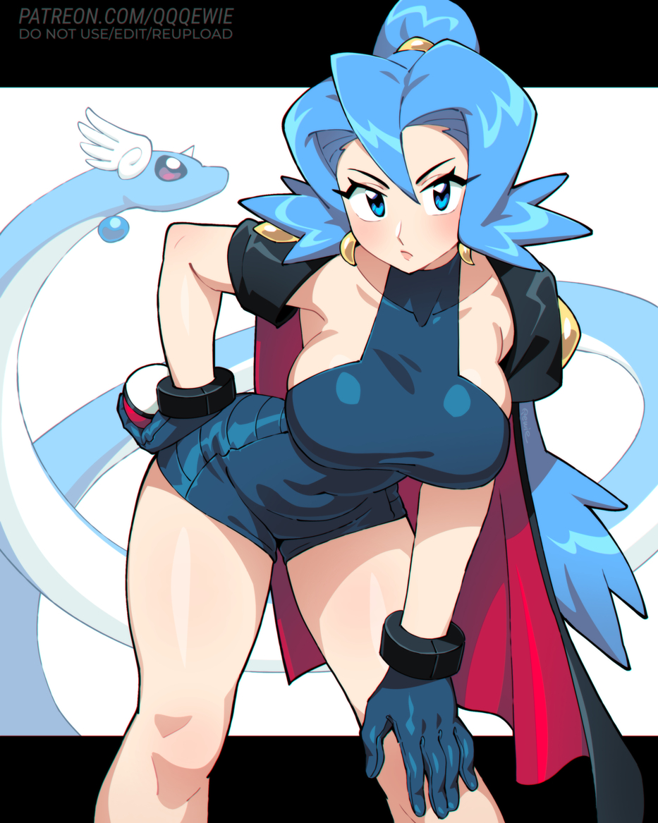 333 (dqqqdle), armpits, bare arms, bare legs, bare thighs, bent over, big breasts, blue eyes, blue gloves, blue hair, blue leotard, blush, breasts, clair (pokemon gsc), clair (pokemon), cleavage, closed mouth, collarbone, earrings, female, gloves, gym leader, hand on own thigh, high ponytail, leotard, long hair, mature female, nintendo, pokemon, pokemon gsc, ponytail, sideboob, thick thighs, thighs